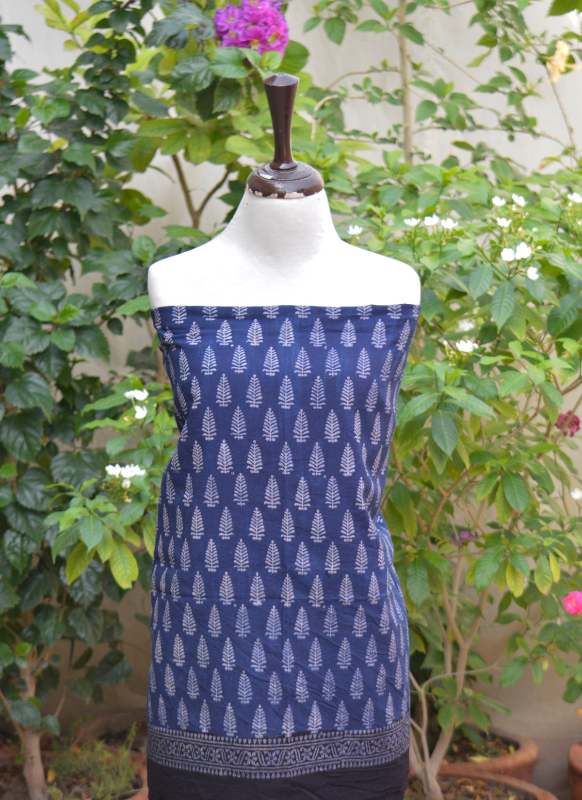 Traditional Sindhi Ajrak indigo lawn dress fabric with Mountain Buta hand block print