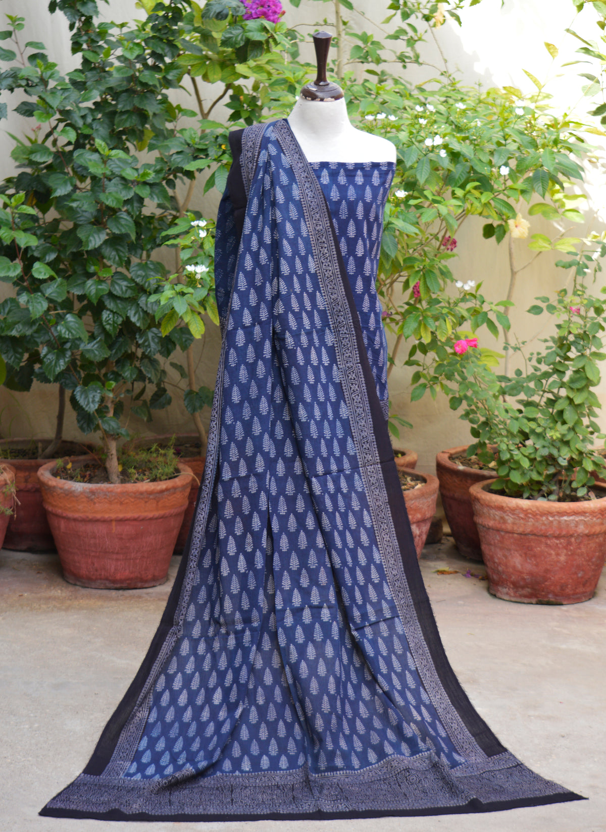 Handmade indigo Ajrak lawn unstitched two-piece for women with Mountain Buta print shirt and dupatta
