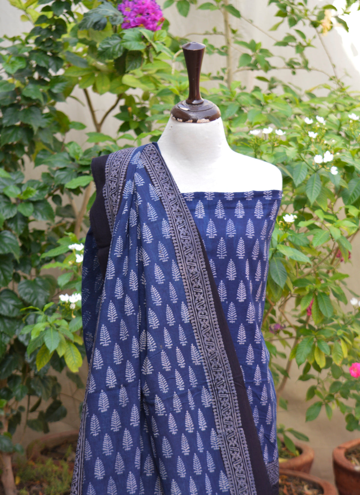 Organic dye Ajrak Design Dress indigo unstitched lawn suit with Mountain Buta print