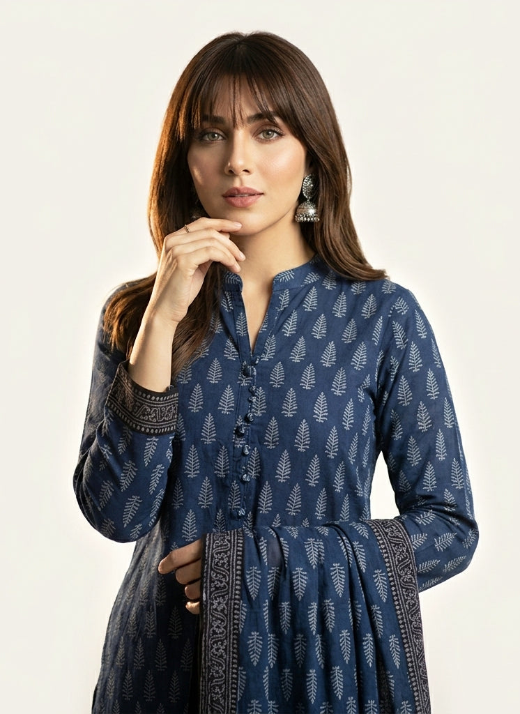 Ajrak Mountain Buta Indigo hand block printed lawn two-piece shirt and dupatta