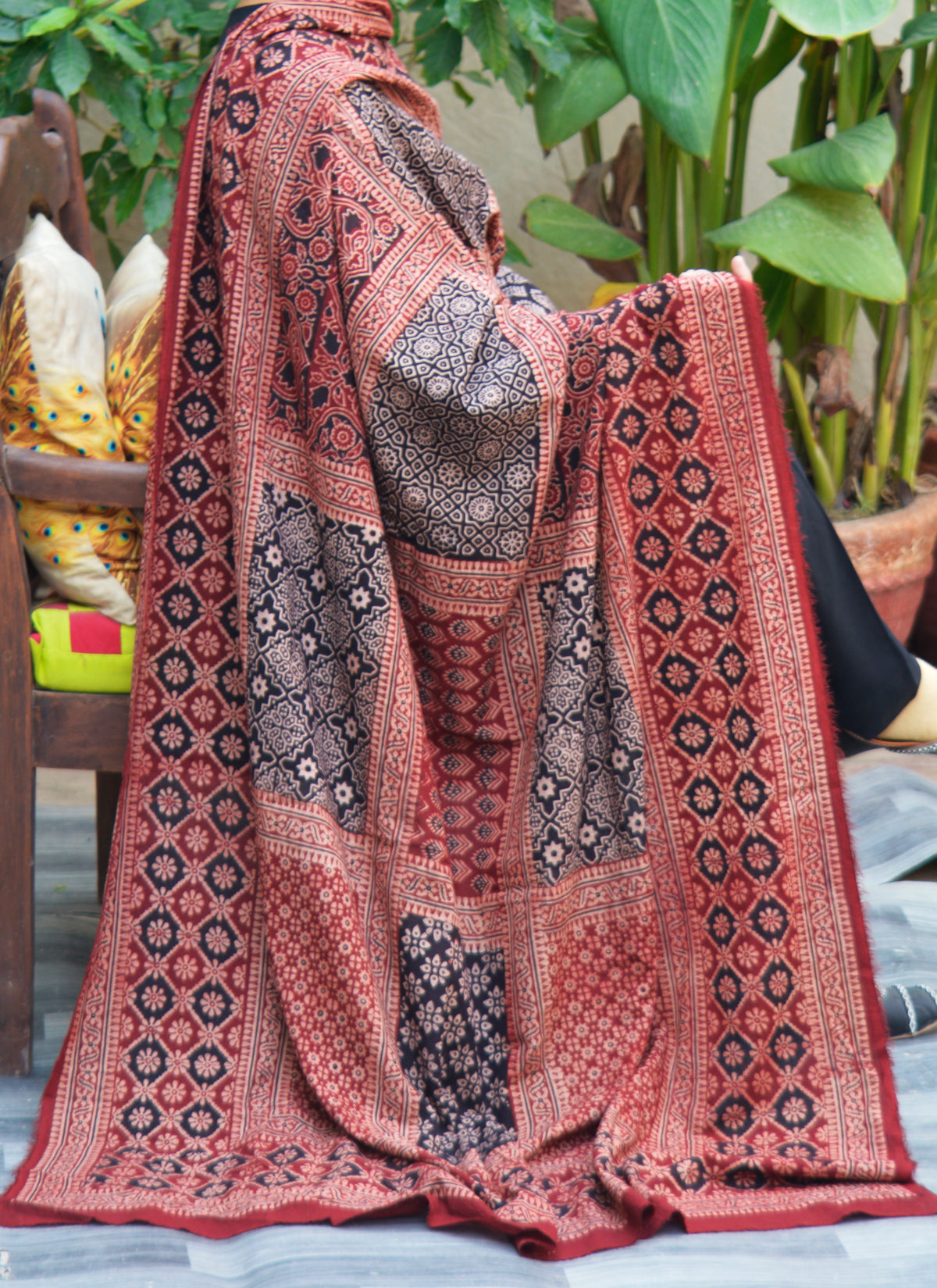 Ajrak Multi-Blocks Chaadar maroon and black hand block printed in cotton and lawn fabric 2.5m × 44"