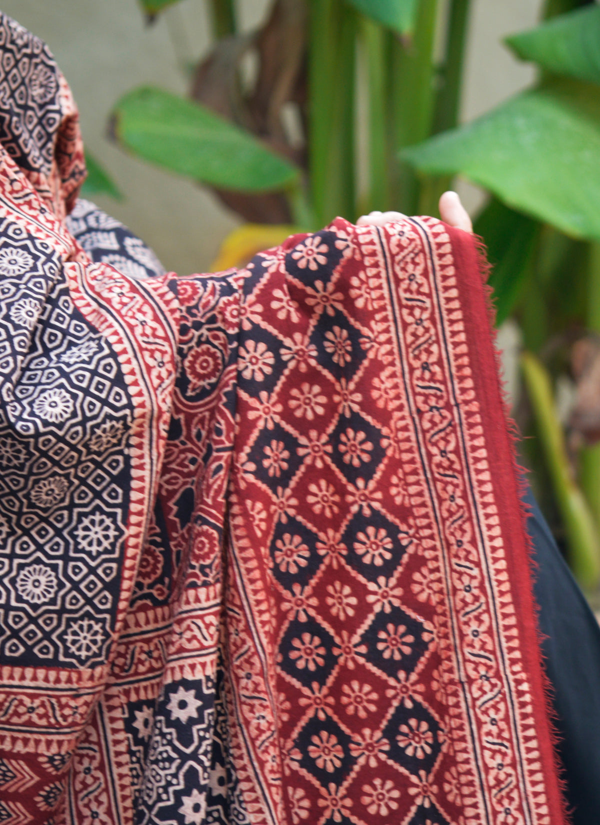 Naturally dyed Ajrak geometric print chaadar for women handcrafted in Sindh, Pakistan.