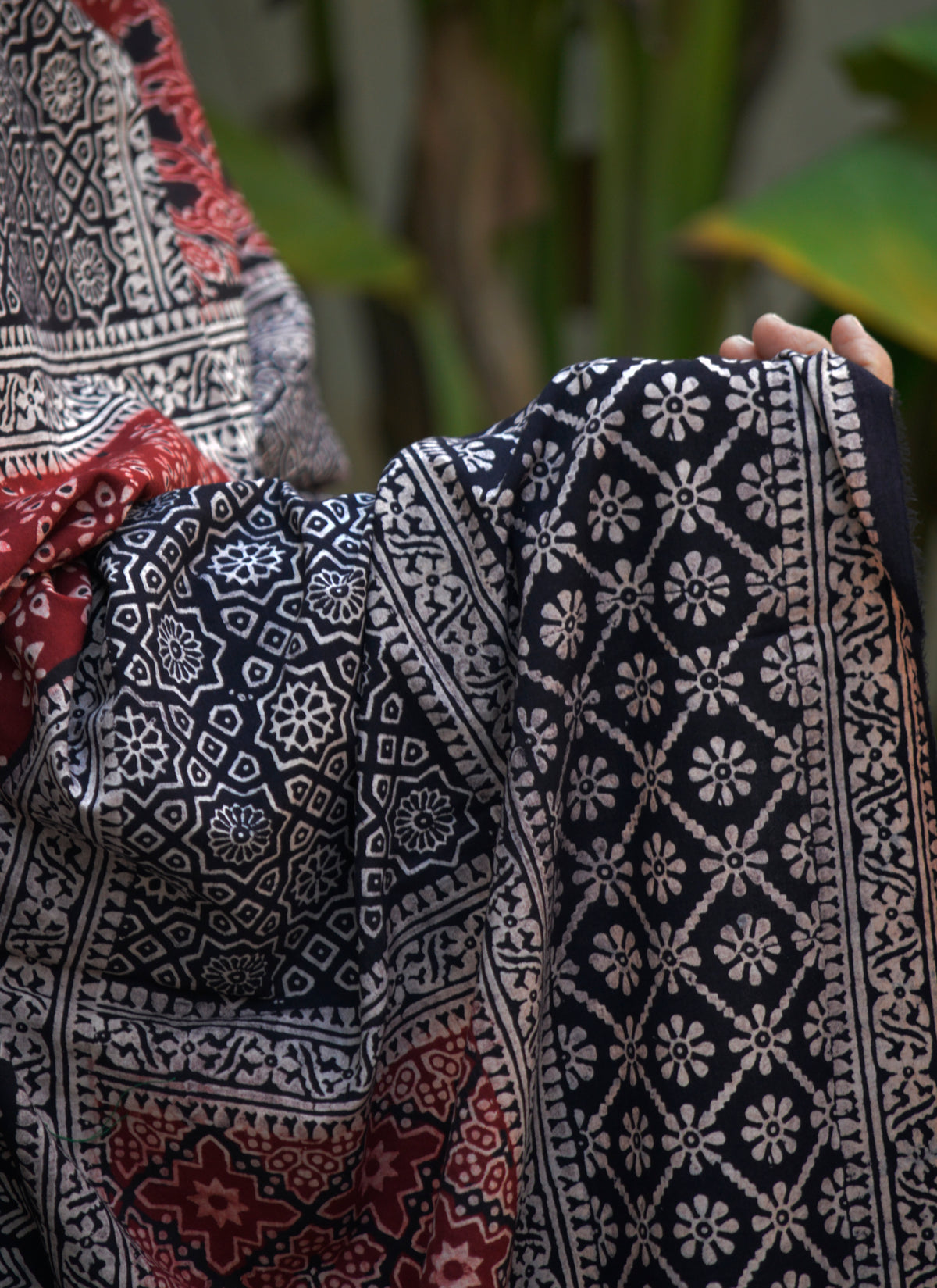 Organic Dye Hand Block Printed Ajrak Chaadar Multi Blocks Floral – Lawn Fabric with & without Sitara Sequence, Gotta Lace & Thread Tassels