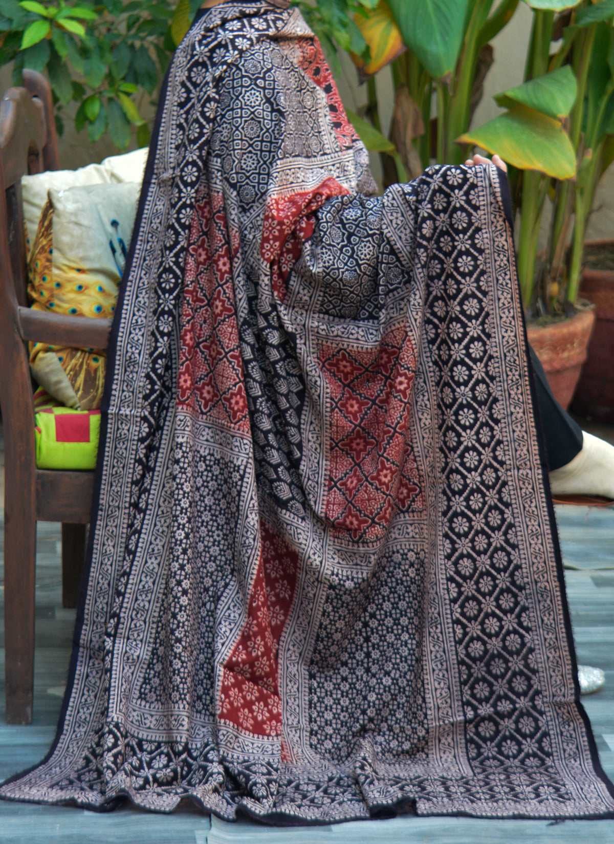 Organic Dye Hand Block Printed Ajrak Chaadar Multi Blocks Floral – Lawn Fabric with & without Sitara Sequence, Gotta Lace & Thread Tassels