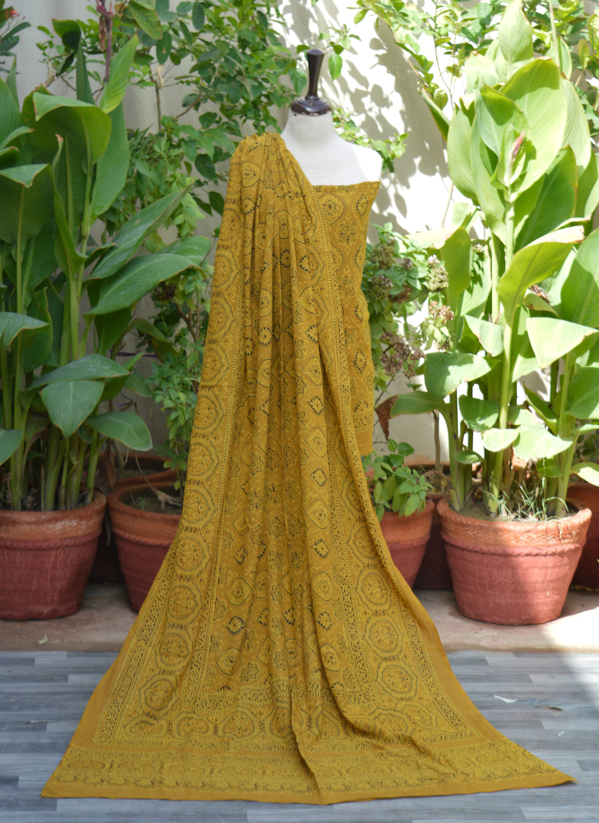 Ajrak Design Dress – mustard badam motif on organic dye lawn shirt and dupatta