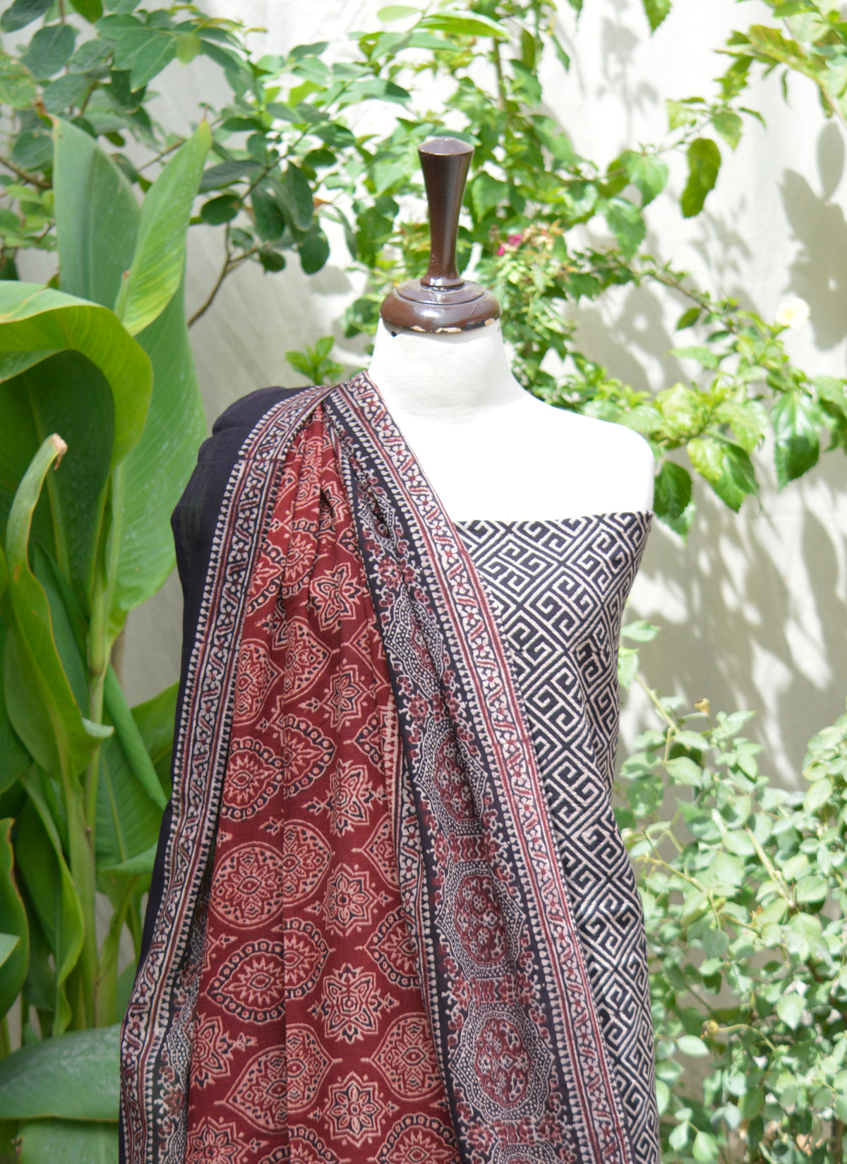Traditional Ajrak Noorey Dress Set – Eco-Friendly Handcrafted Two-Piece with Intricate Patterns