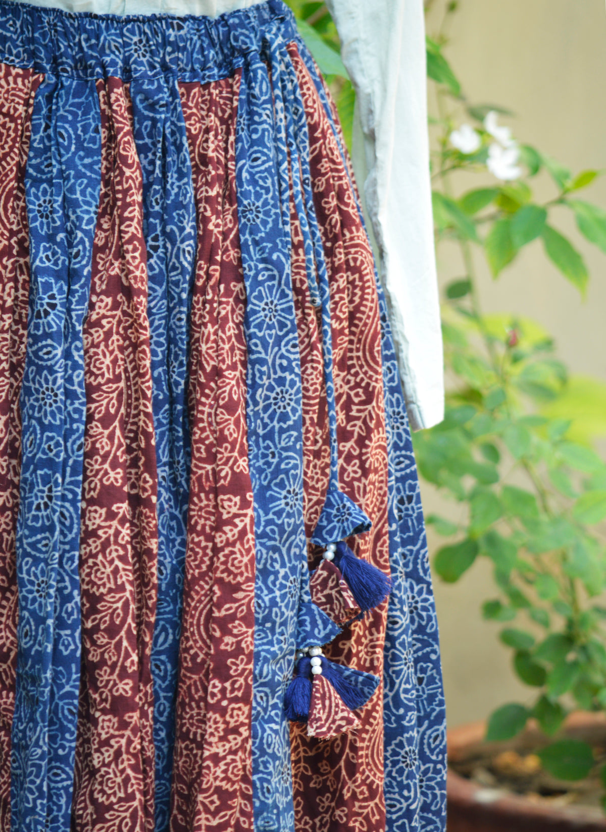 Premium Ajrak lawn skirt indigo maroon floral patchwork adjustable waist boho skirt