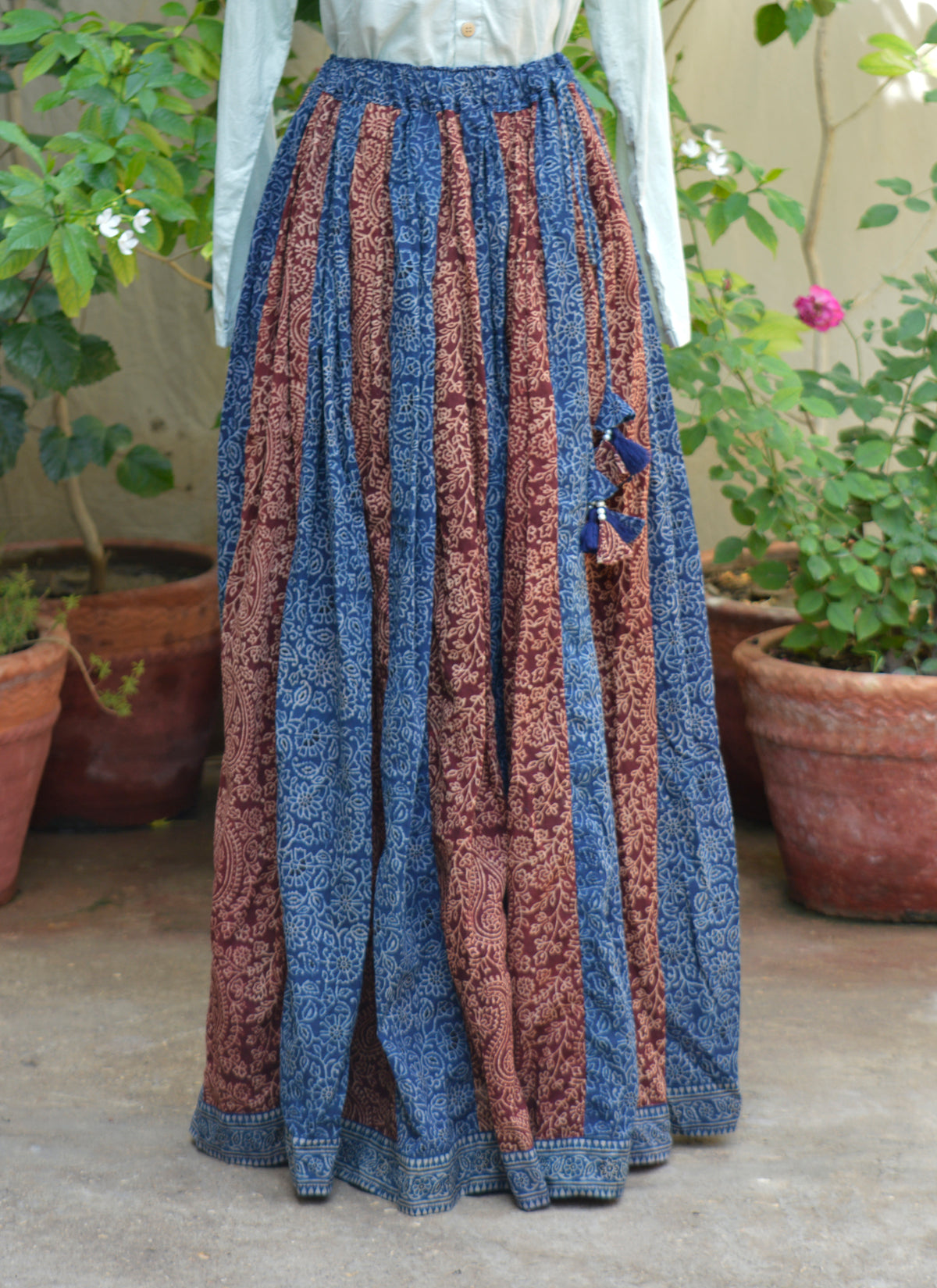 Indigo maroon Ajrak maxi skirt patchwork design 5 meter flare boho skirt