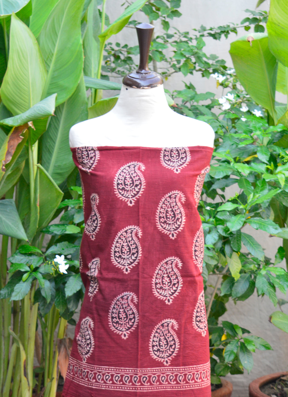 Traditional Sindhi Ajrak Anbi motif red fabric – hand block printed lawn cotton unstitched piece.