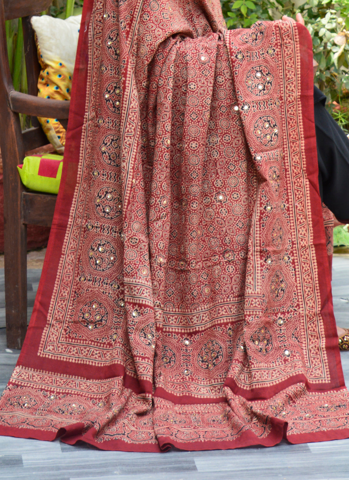 Sindhi Traditional Ajrak Dupatta in Red with Hand-Stitched Detailing