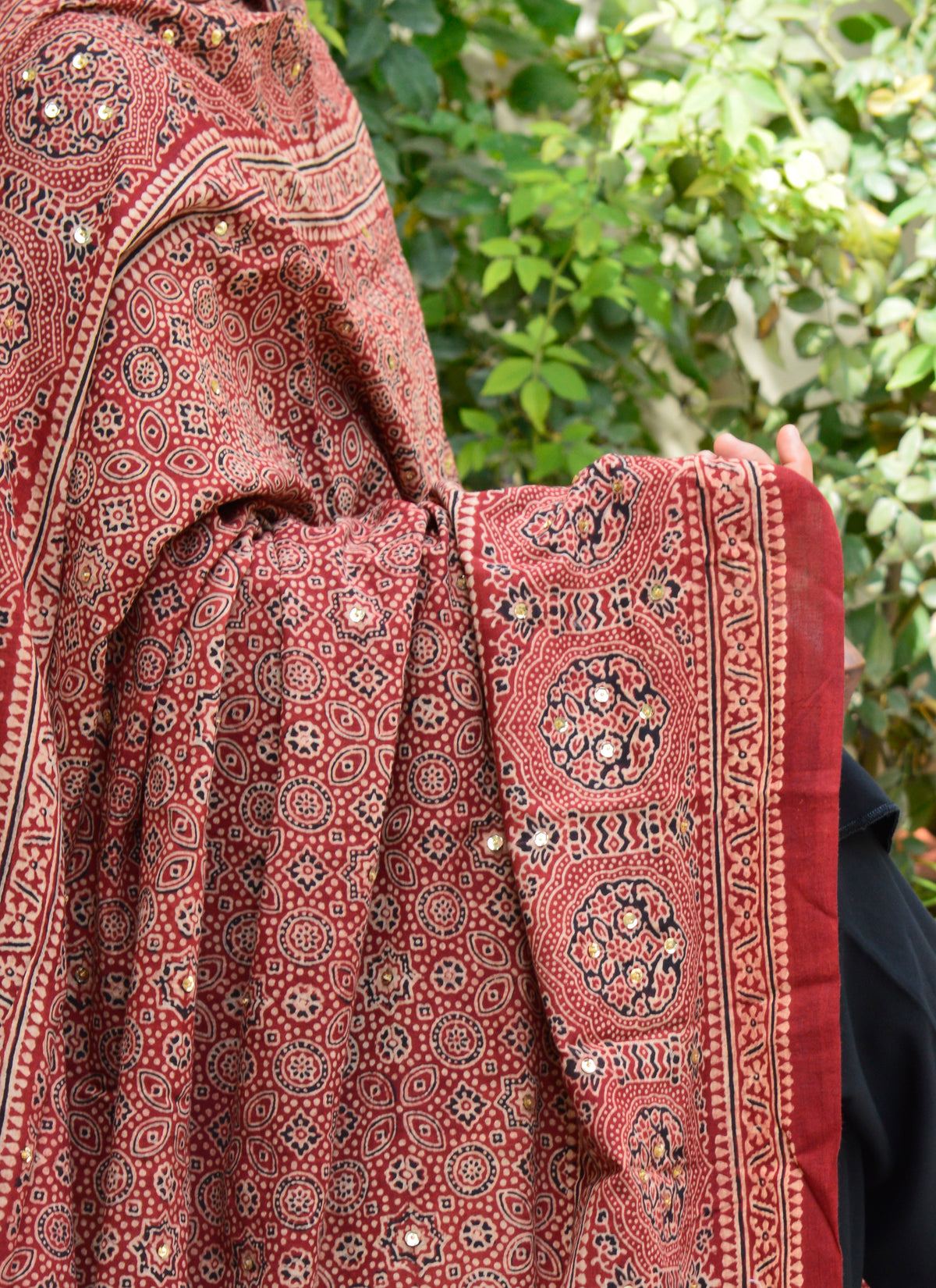 Hand Block Printed Ajrak Shawl Featuring Embellished Studs and Fringe