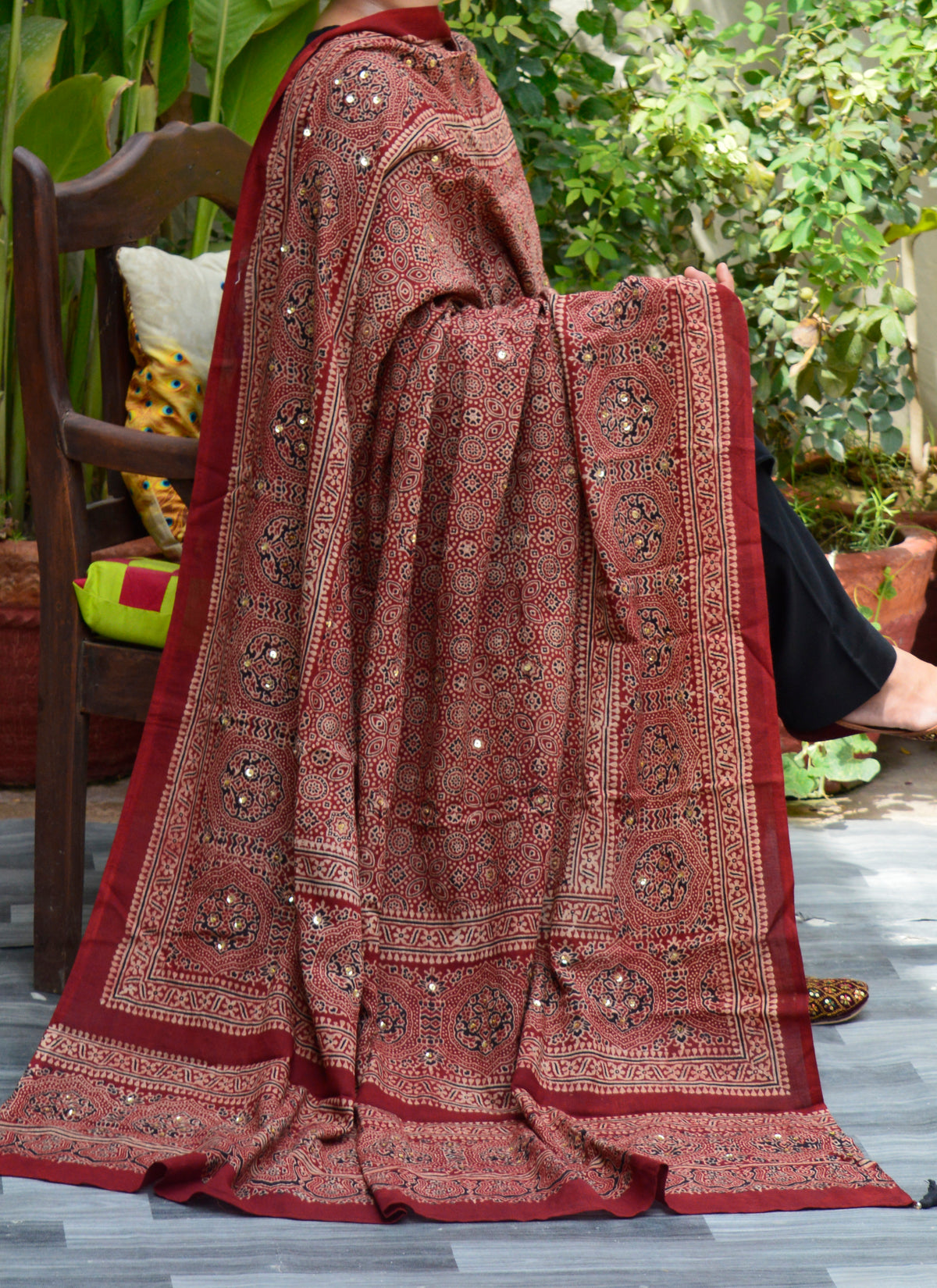 Organic Dye Red Ajrak Chaadar with Sitara Sequences and Tassels