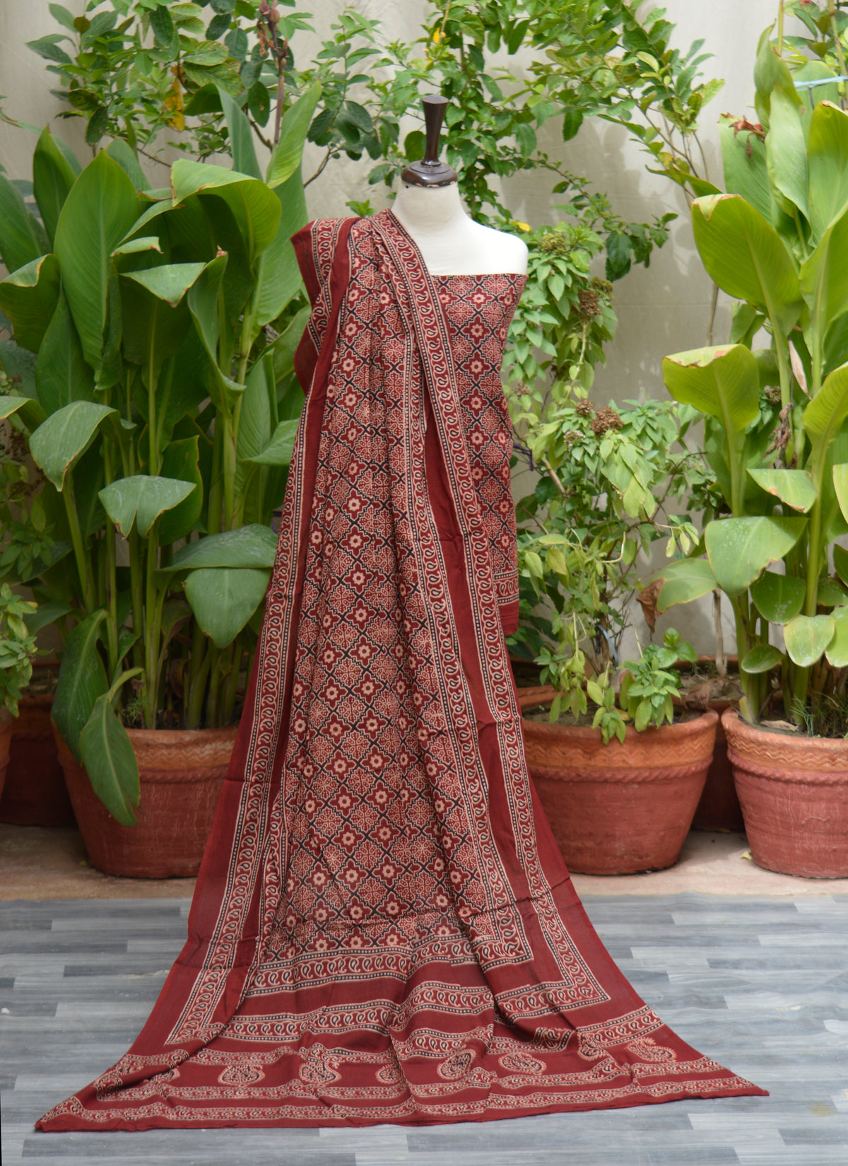 Unstitched Ajrak Kashigar two-piece set featuring hand block printed shirt and dupatta made with organic dyes