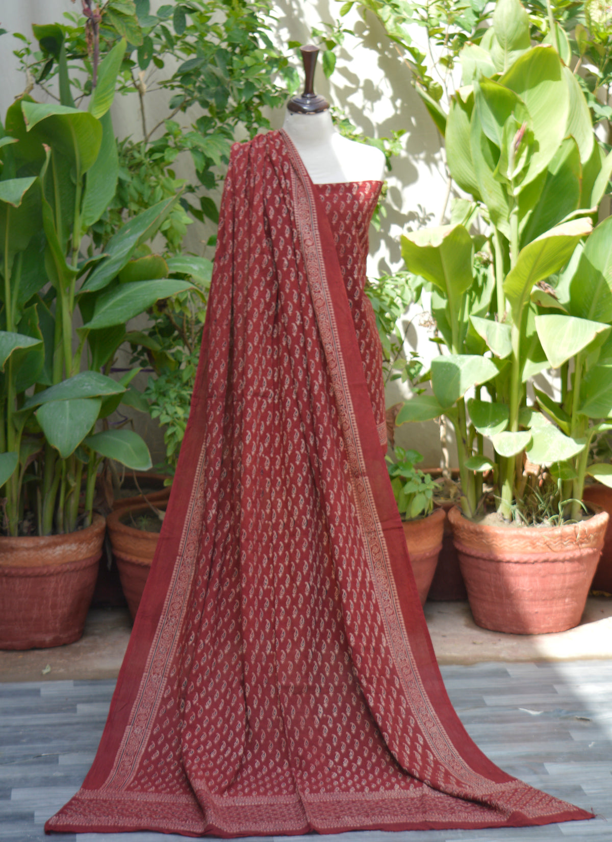 Ajrak Design Dress – red Kerry motif hand block printed with organic dyes on unstitched lawn set