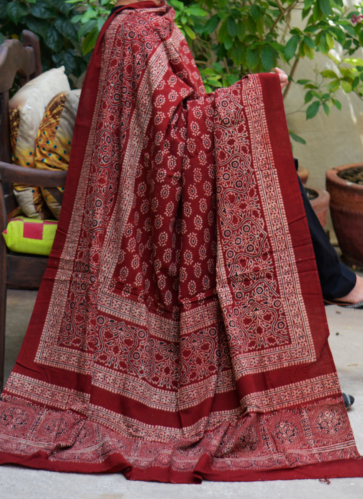 Artisan-crafted Ajrak odhni with traditional ocular motif and hand block printing