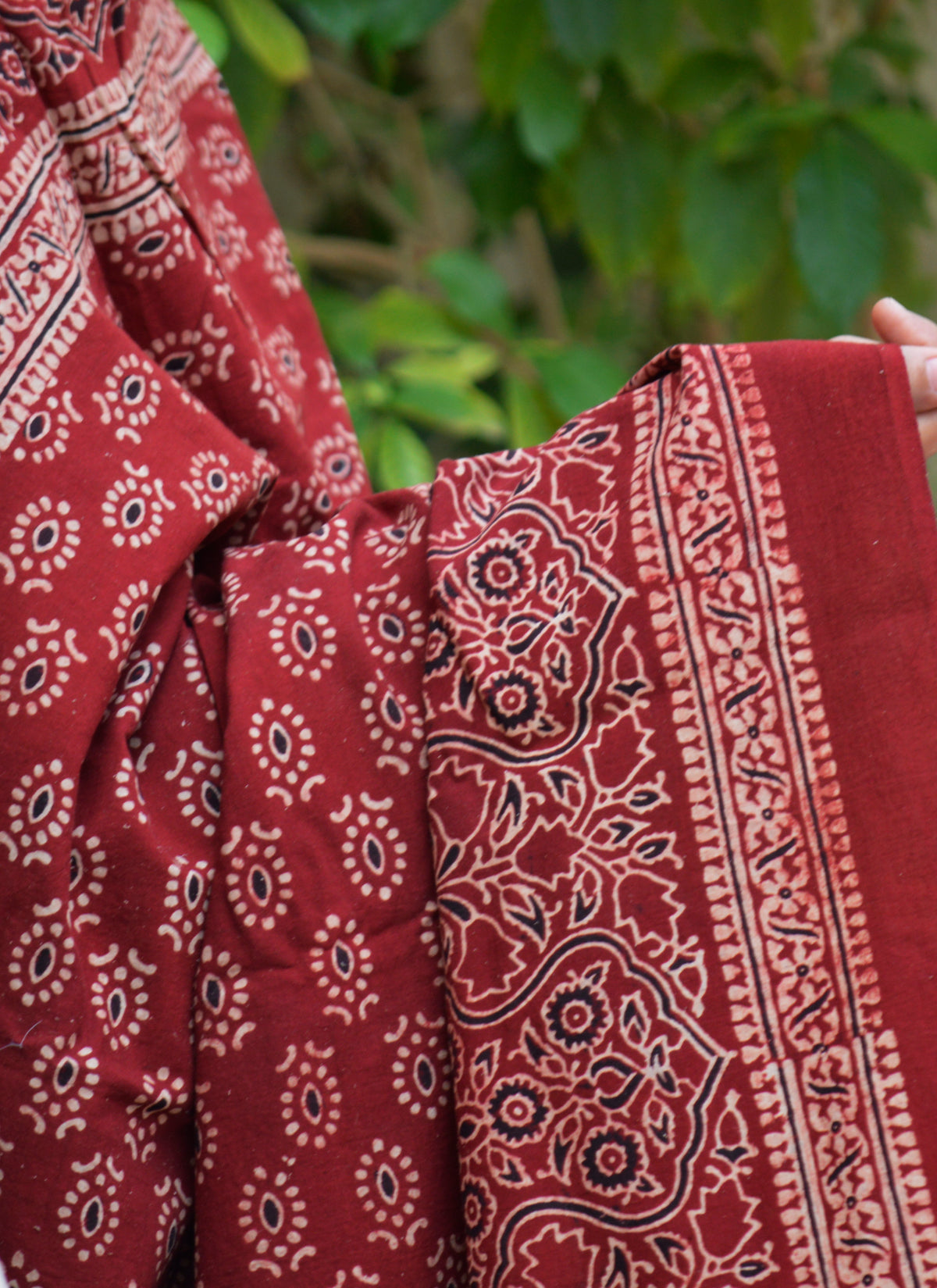 Handmade Ajrak dupatta with ocular motif in red maroon organic dyed fabric