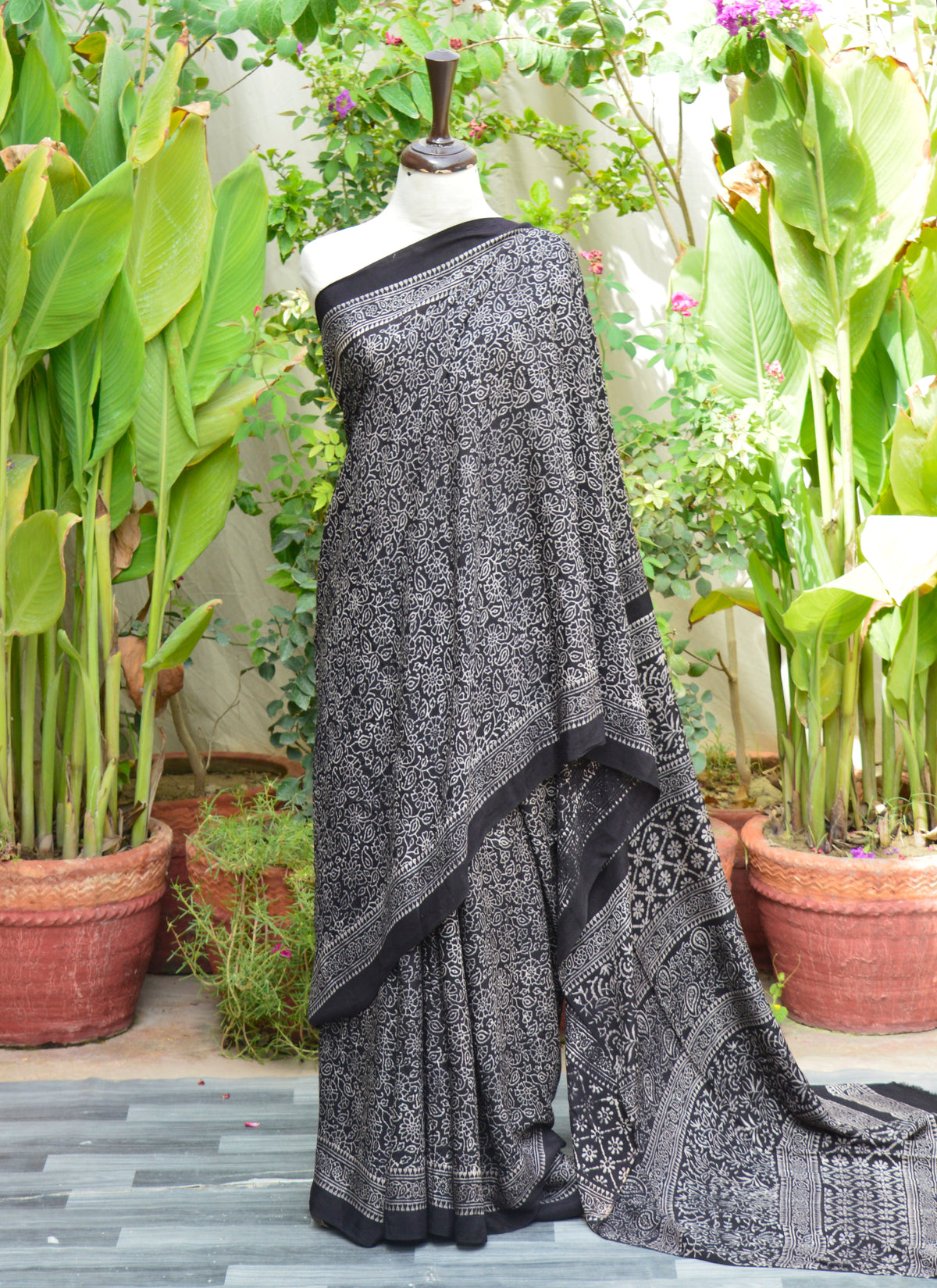 Handcrafted Ethnic Silk Ajrak Saree Black with organic dye block printing