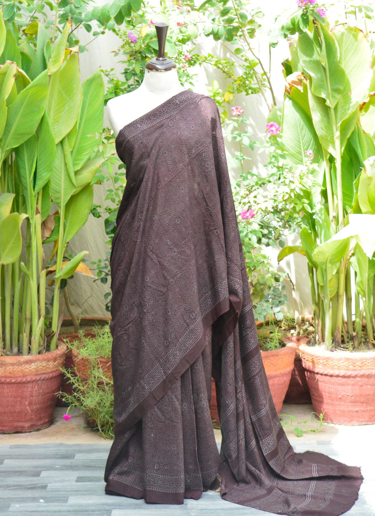 Raw Silk Black Raspberry Ajrak Saree with traditional Sindhi hand block print