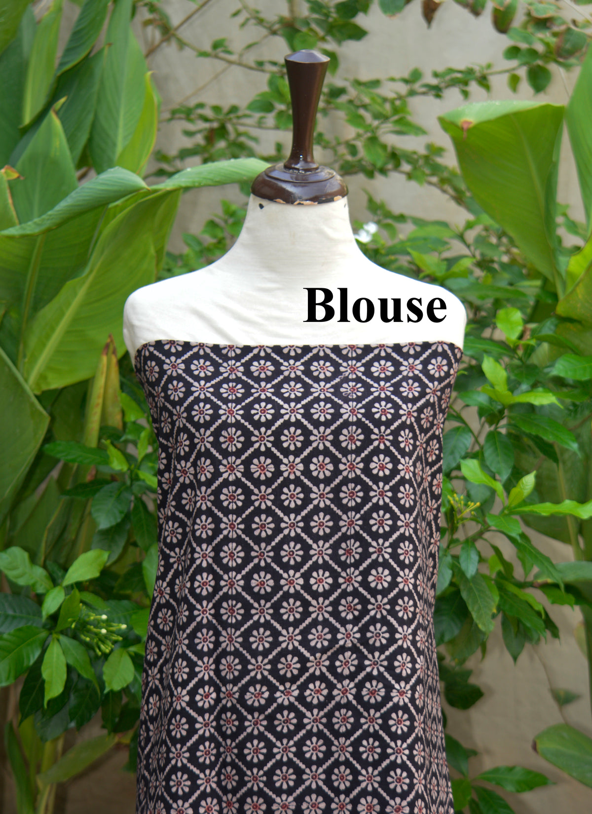Hand block-printed Ajrak blouse piece matching floral contrast design on premium cotton.