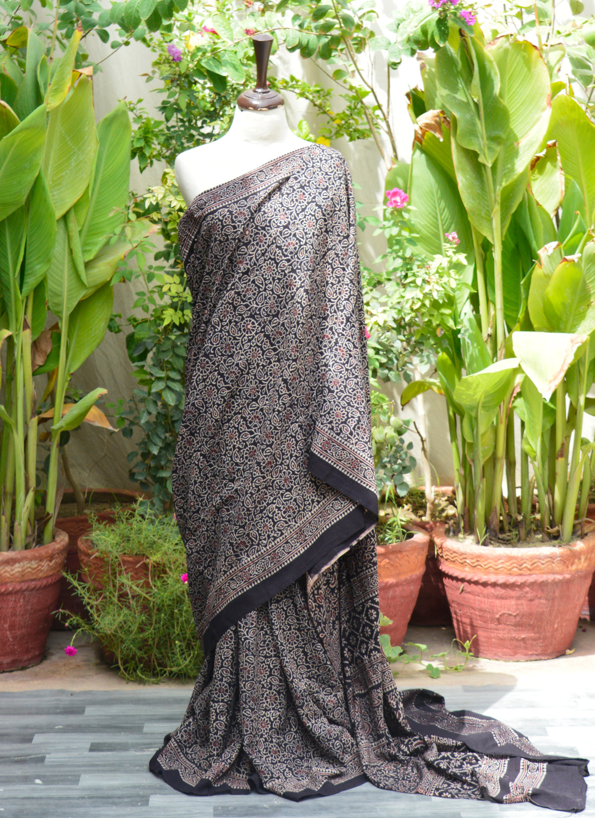 Hand Block Printed Lawn Ajrak Saree with Floral Bel Motif