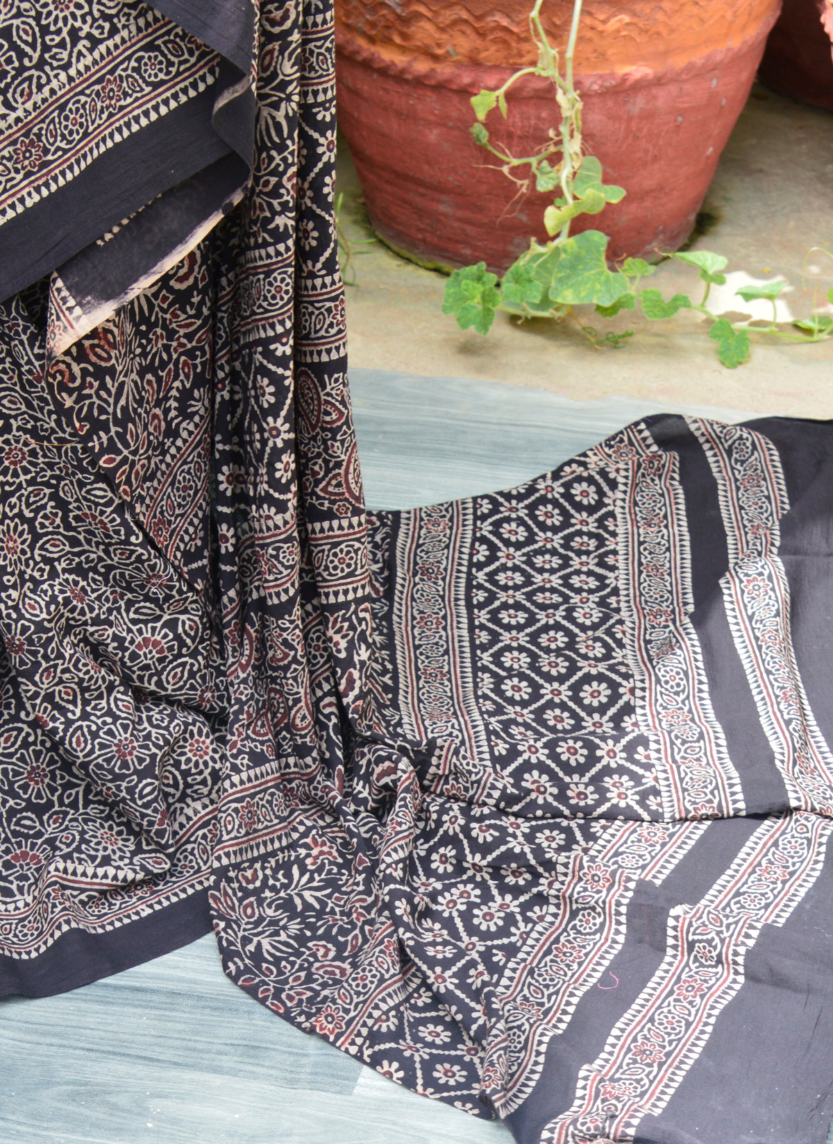 Traditional Sindhi Ajrak Lawn Saree with Botanical Patterns