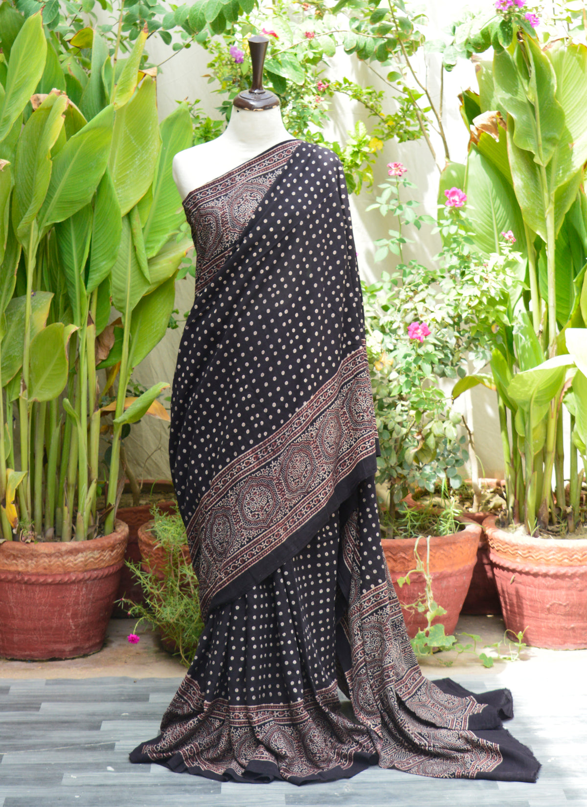 Ajrak Polka Dot Saree hand block printed lawn cotton saree organic dye Pakistan