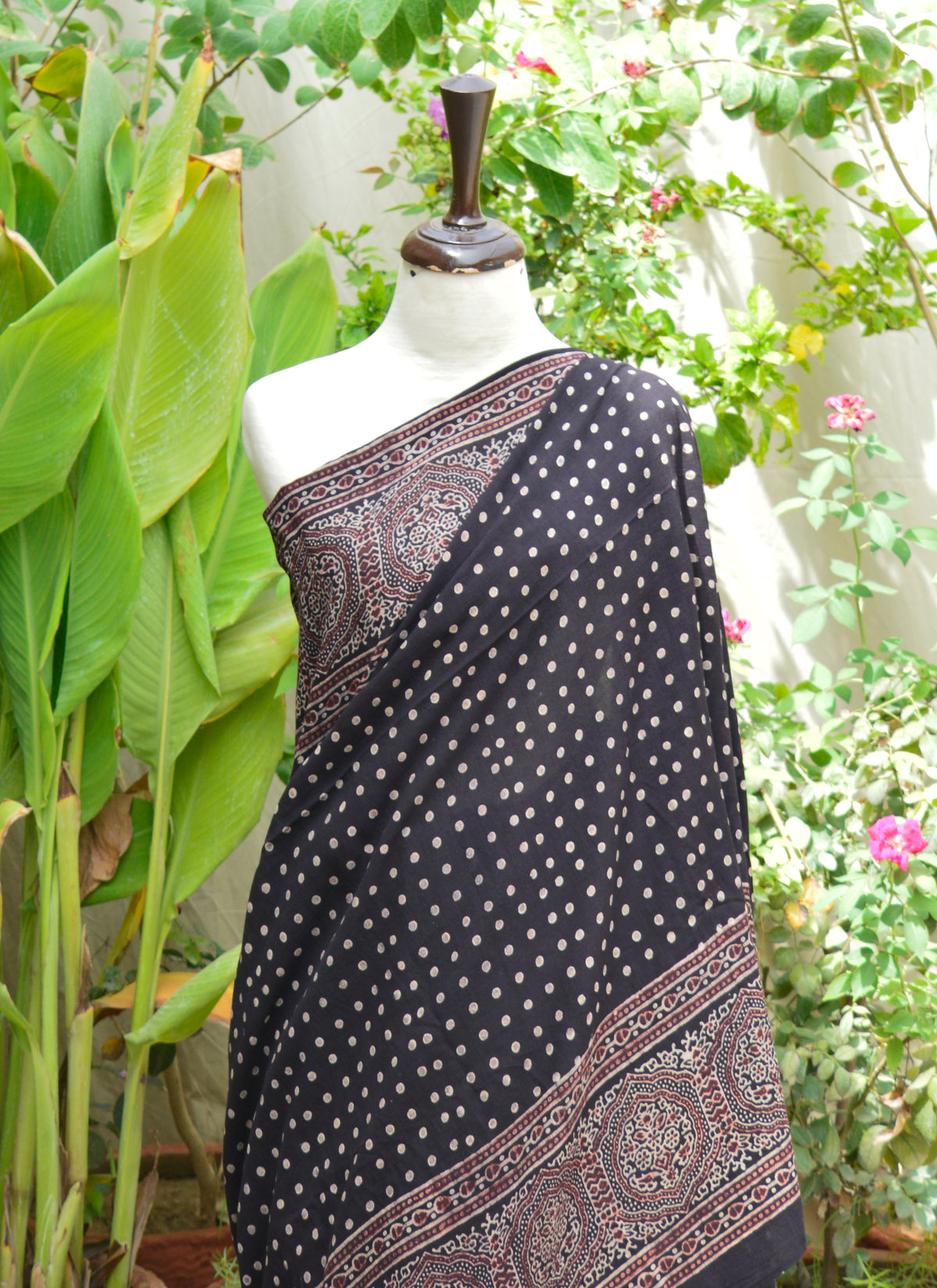 Ajrak Design Saree polka dot pattern handmade hand block printed cotton saree