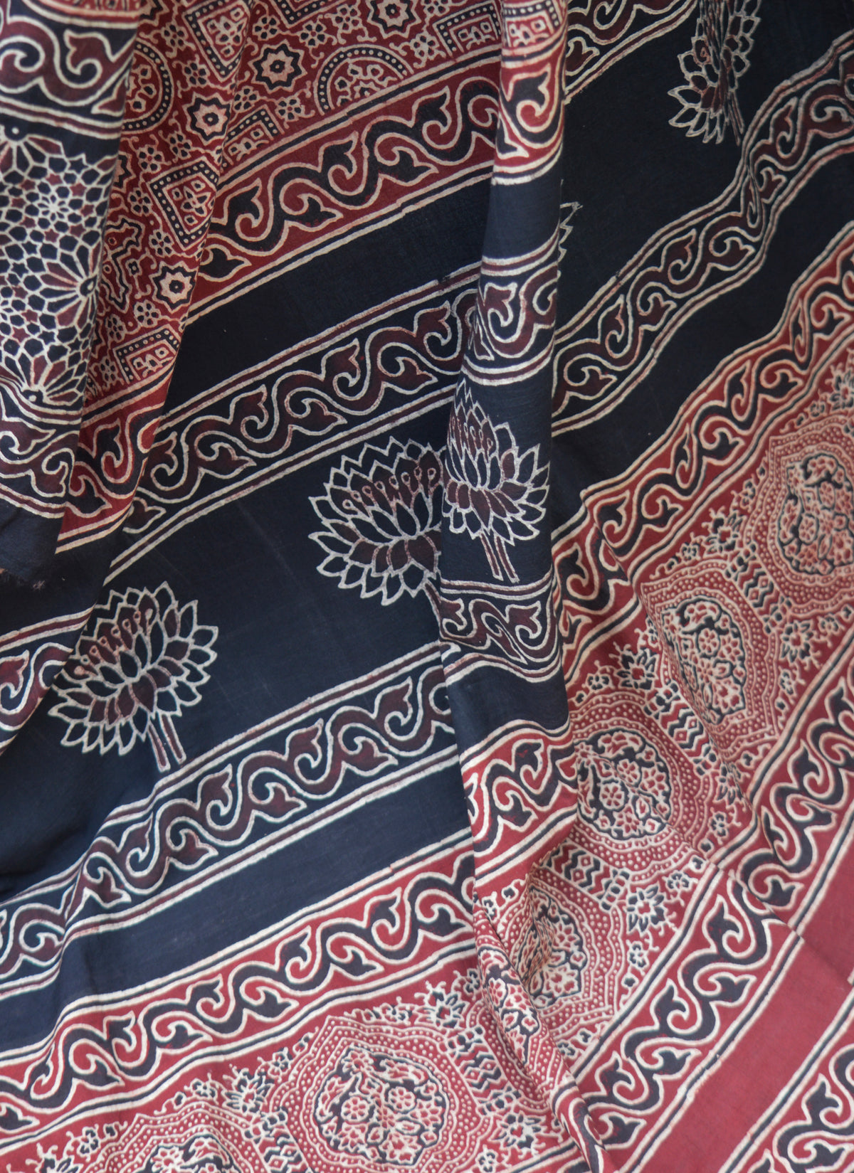 Traditional Sindhi Ajrak saree 7 meters length, red cotton with organic dyes.