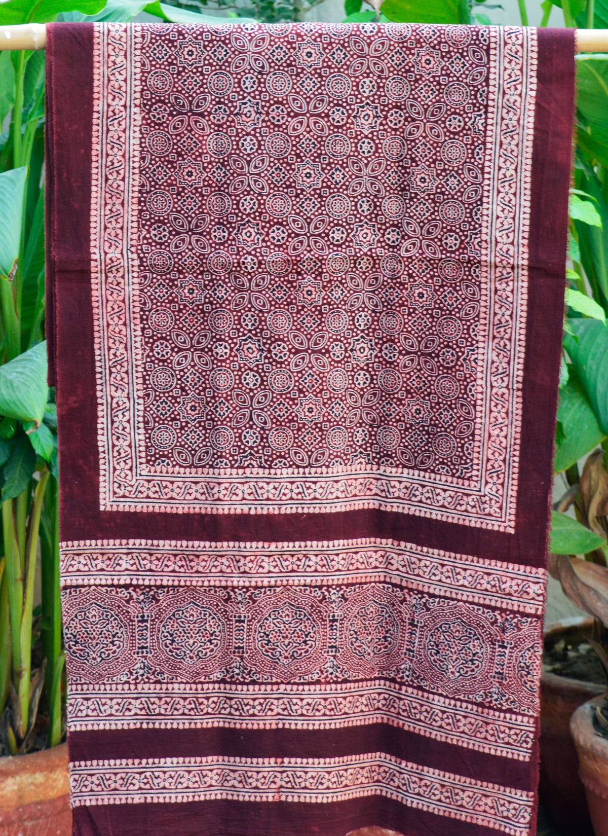 Organic dye hand block printed maroon Ajrak cotton scarf
