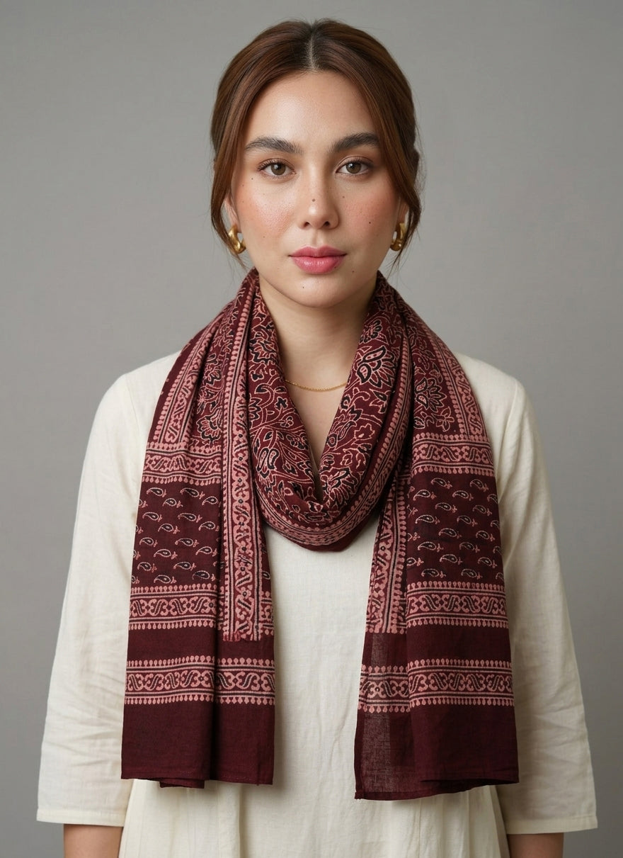 Ajrak Scarf, Red and Maroon Floral Bel, Organic Dye Lawn