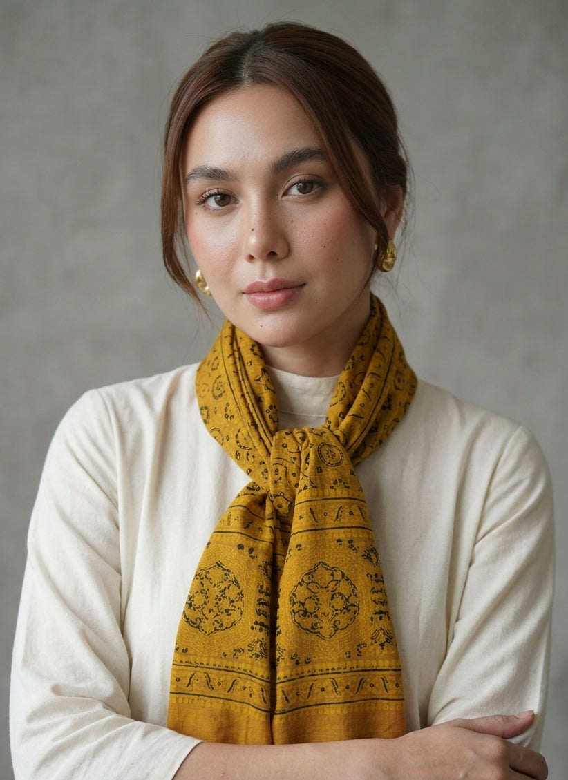Organic Dye Mustard Ajrak Scarf – Hand Block Printed Cotton | Ajrak Design Dress