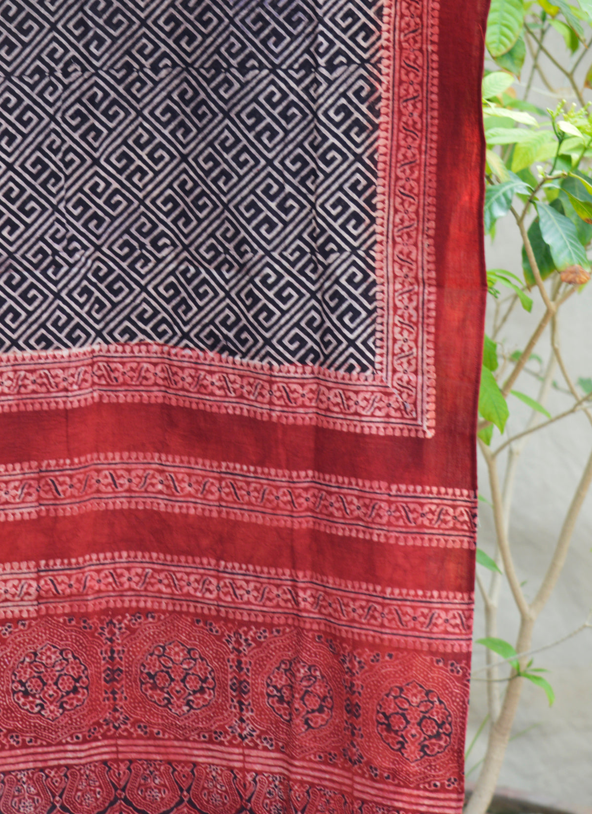 Hand block printed Ajrak lawn scarf two tone ethnic fashion Pakistan