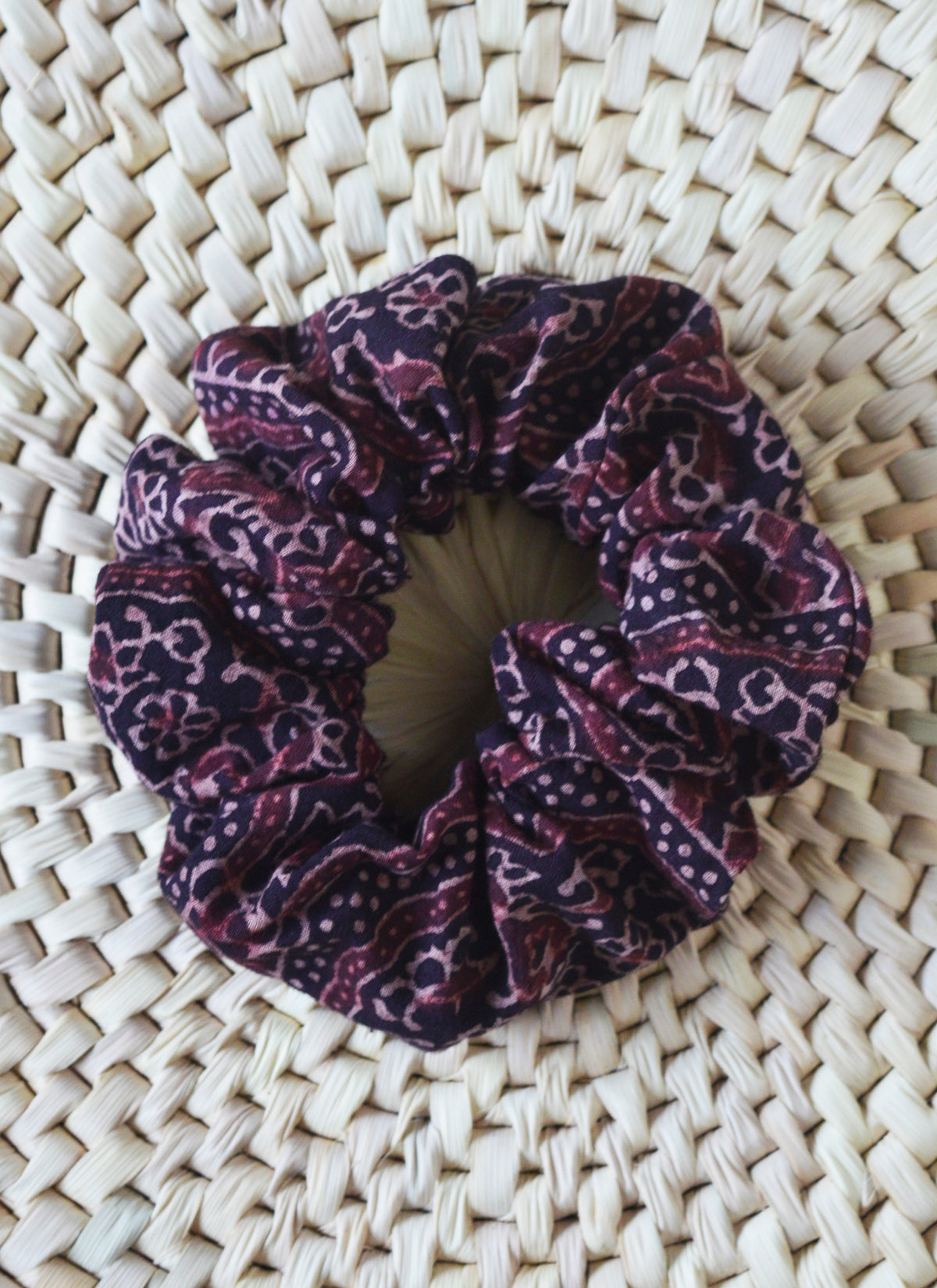 Handcrafted Ajrak Scrunchie Floral-Cotton made with traditional Sindhi block printing and organic dyes.