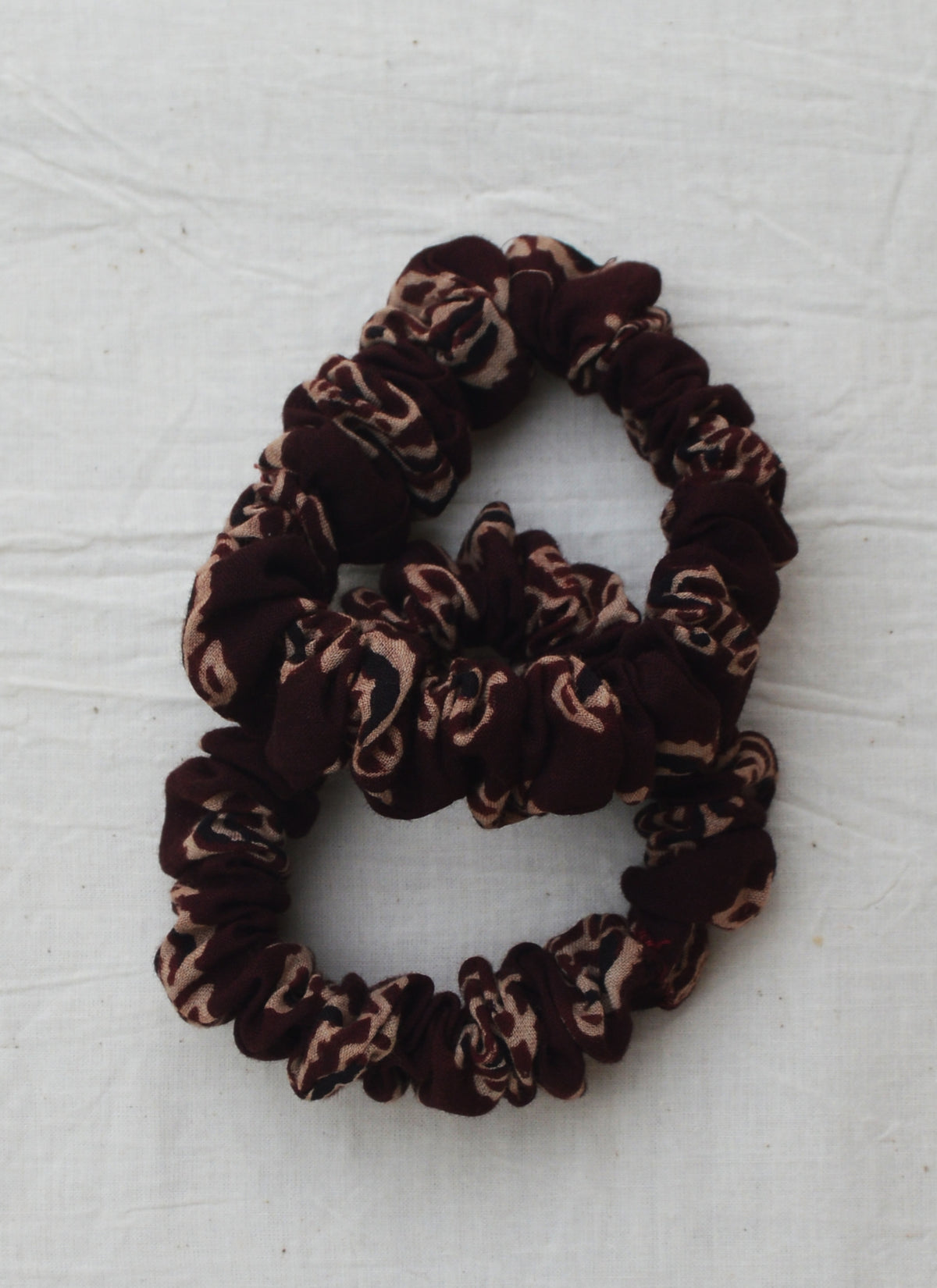 Handcrafted Ajrak floral skinny scrunchies made from organic cotton fabric