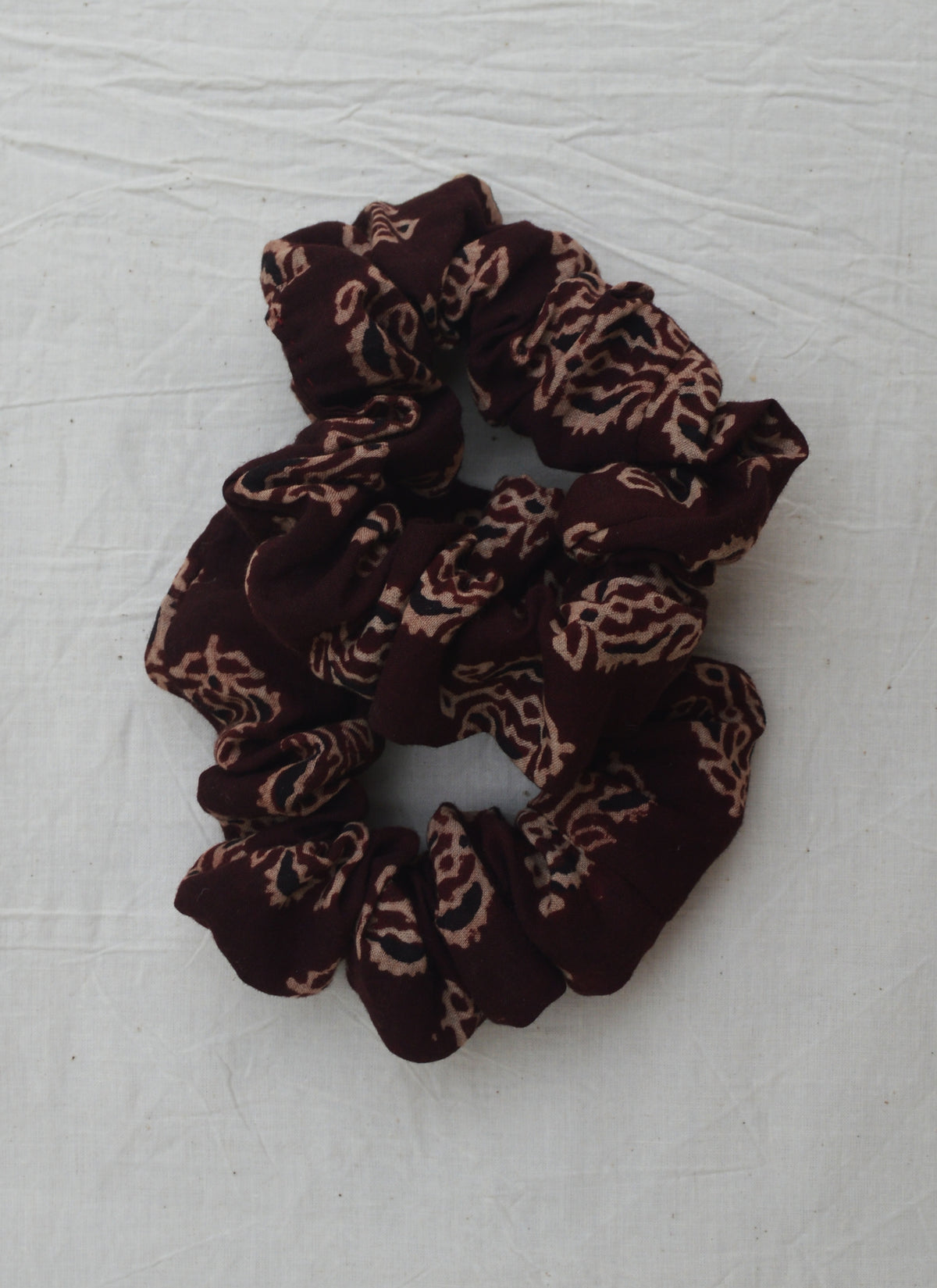 Handcrafted Ajrak floral scrunchies in maroon organic cotton hair accessories