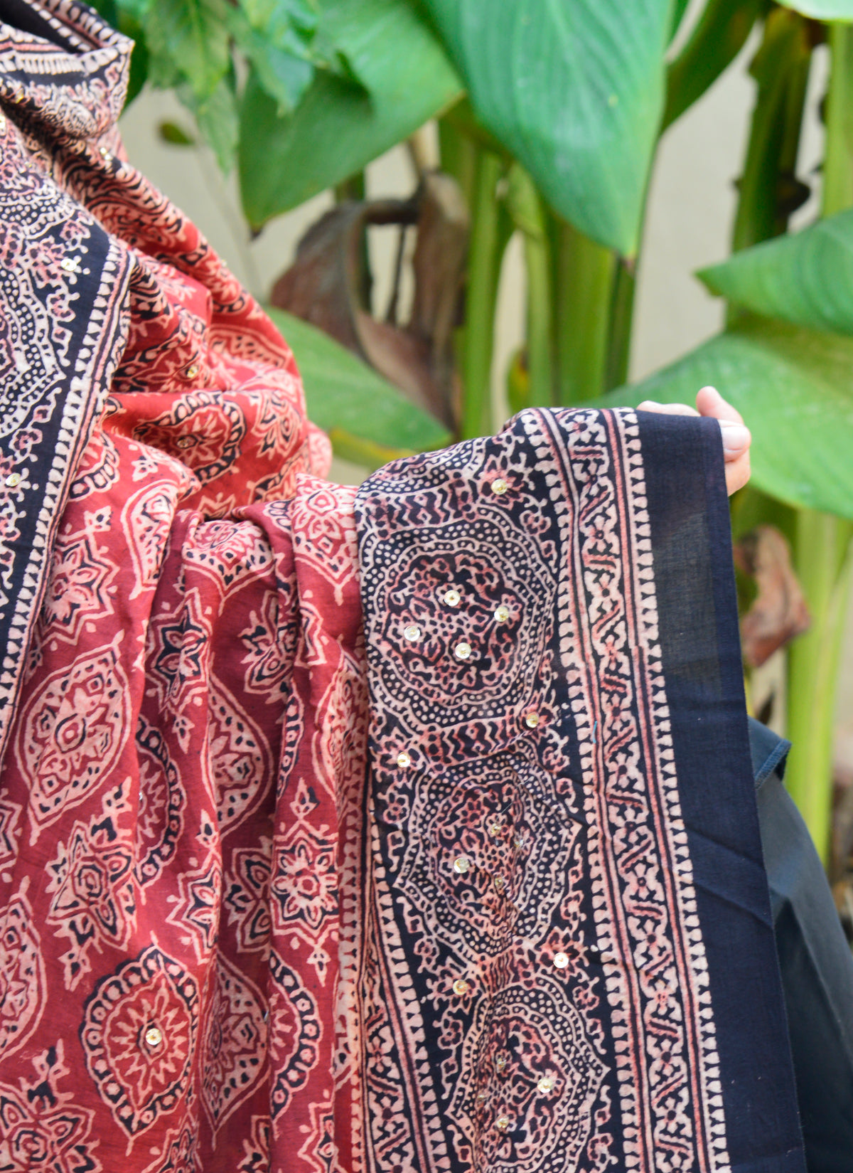 Sindhi Ajrak Shawl in Badam Motif Contrast – Artisan-Made Chadar Available with or without Sitara