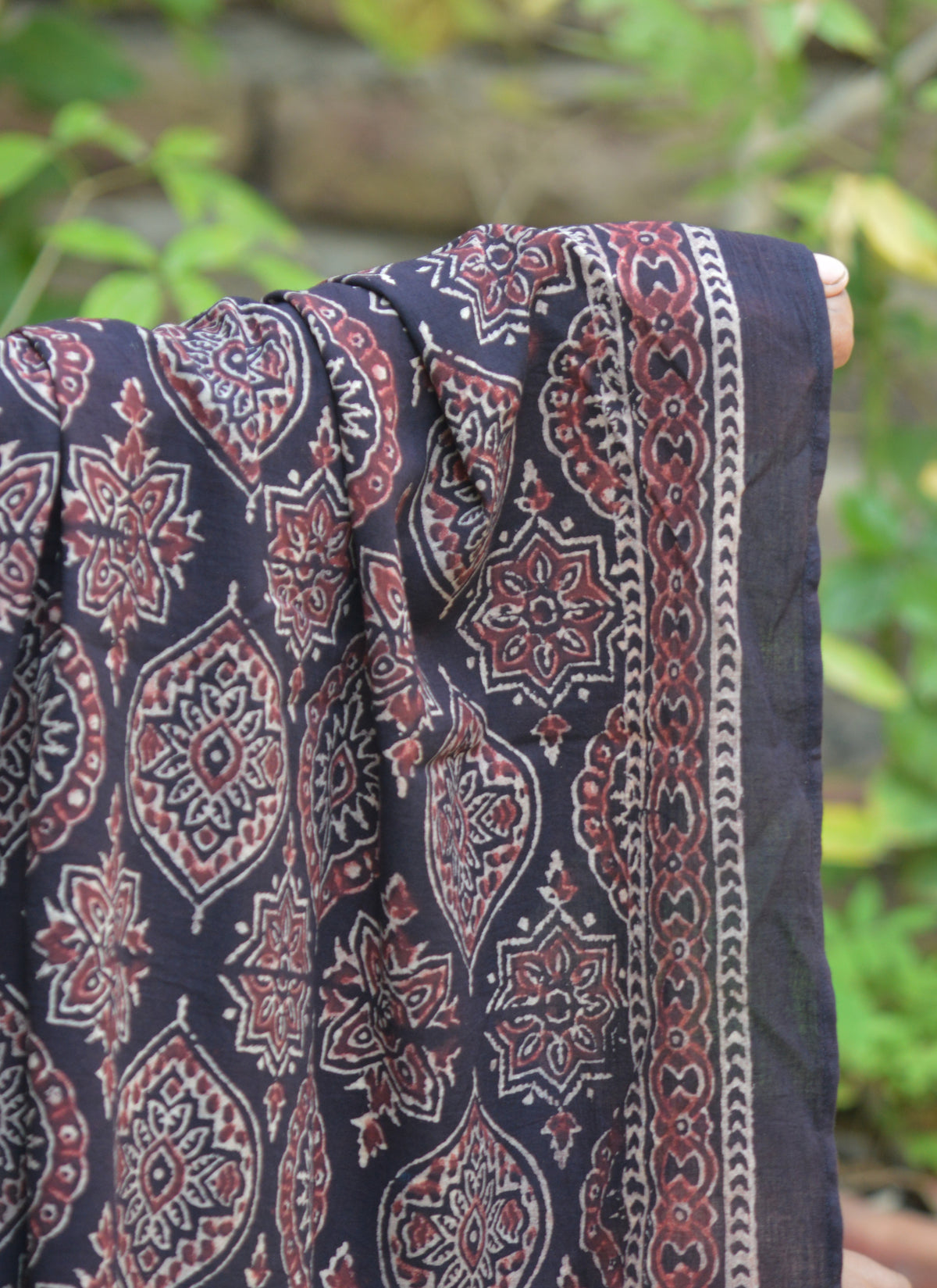 Natural dye Ajrak shawl dupatta chadar with hand block printed Badam motifs, 2.5 meters long