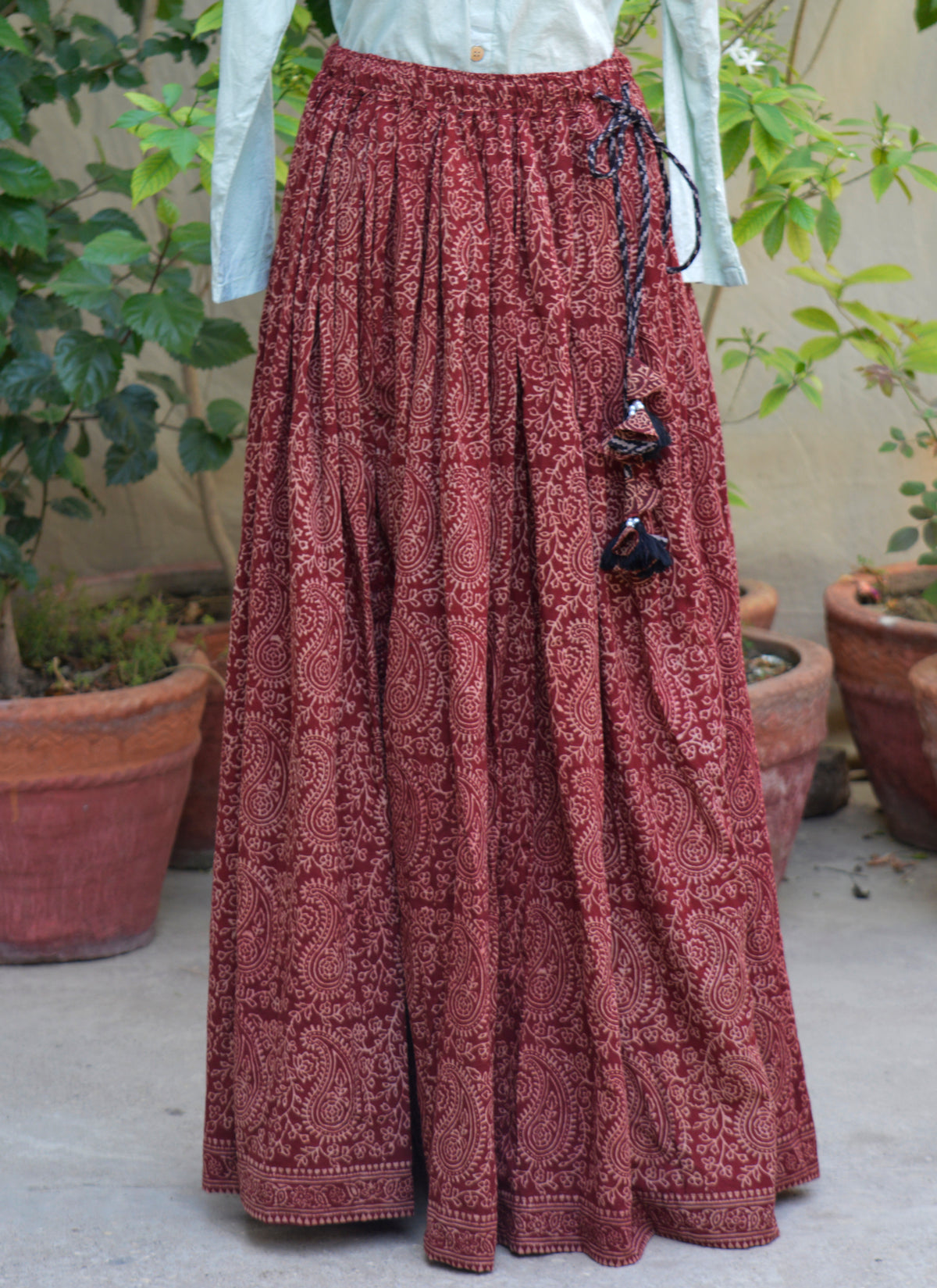 Ajrak Paisley Boho Lawn Skirt, Flared Maxi with Tassel Dori