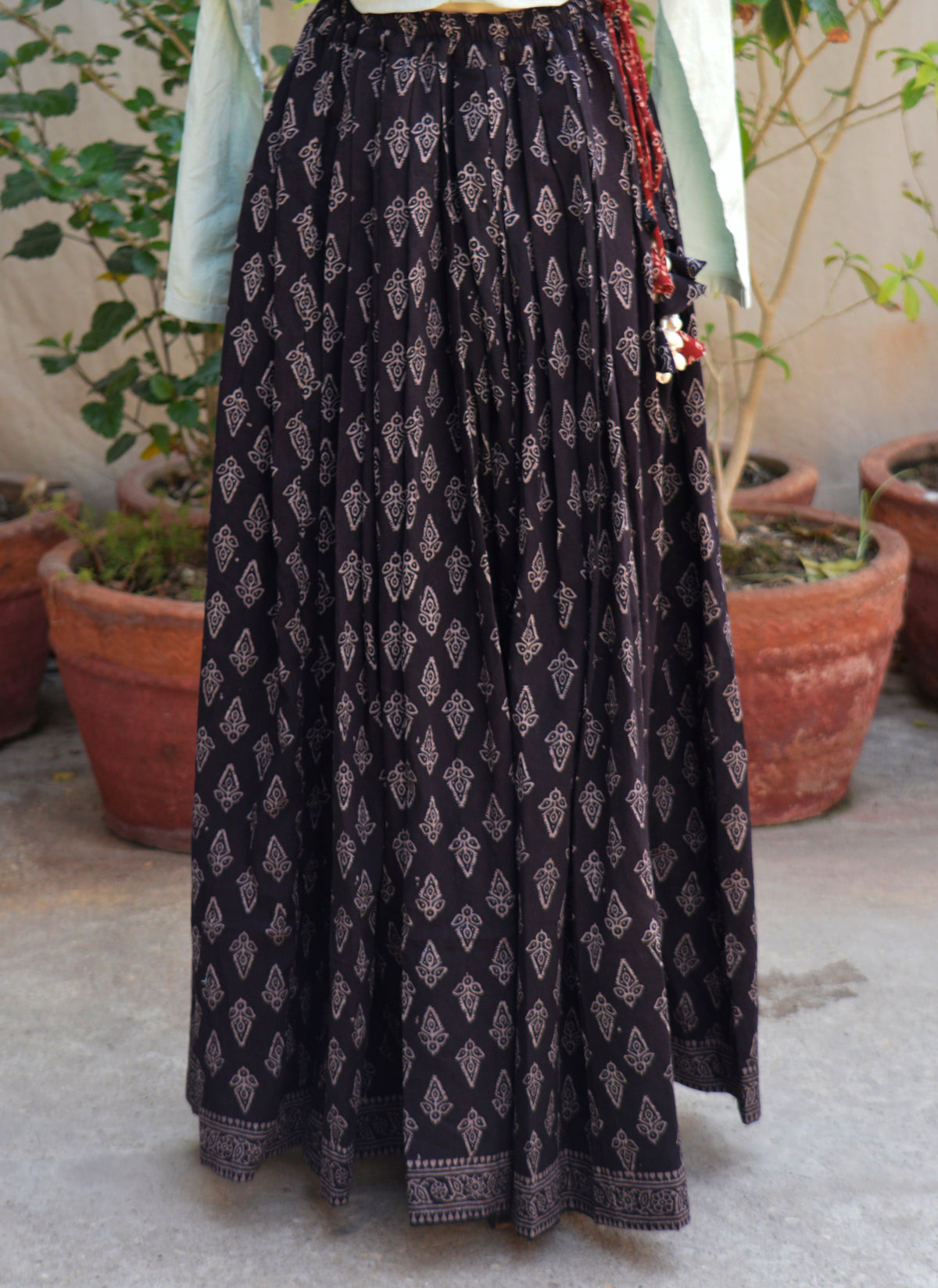 Ajrak Design Dress black lawn maxi skirt with sea shell dori waistband