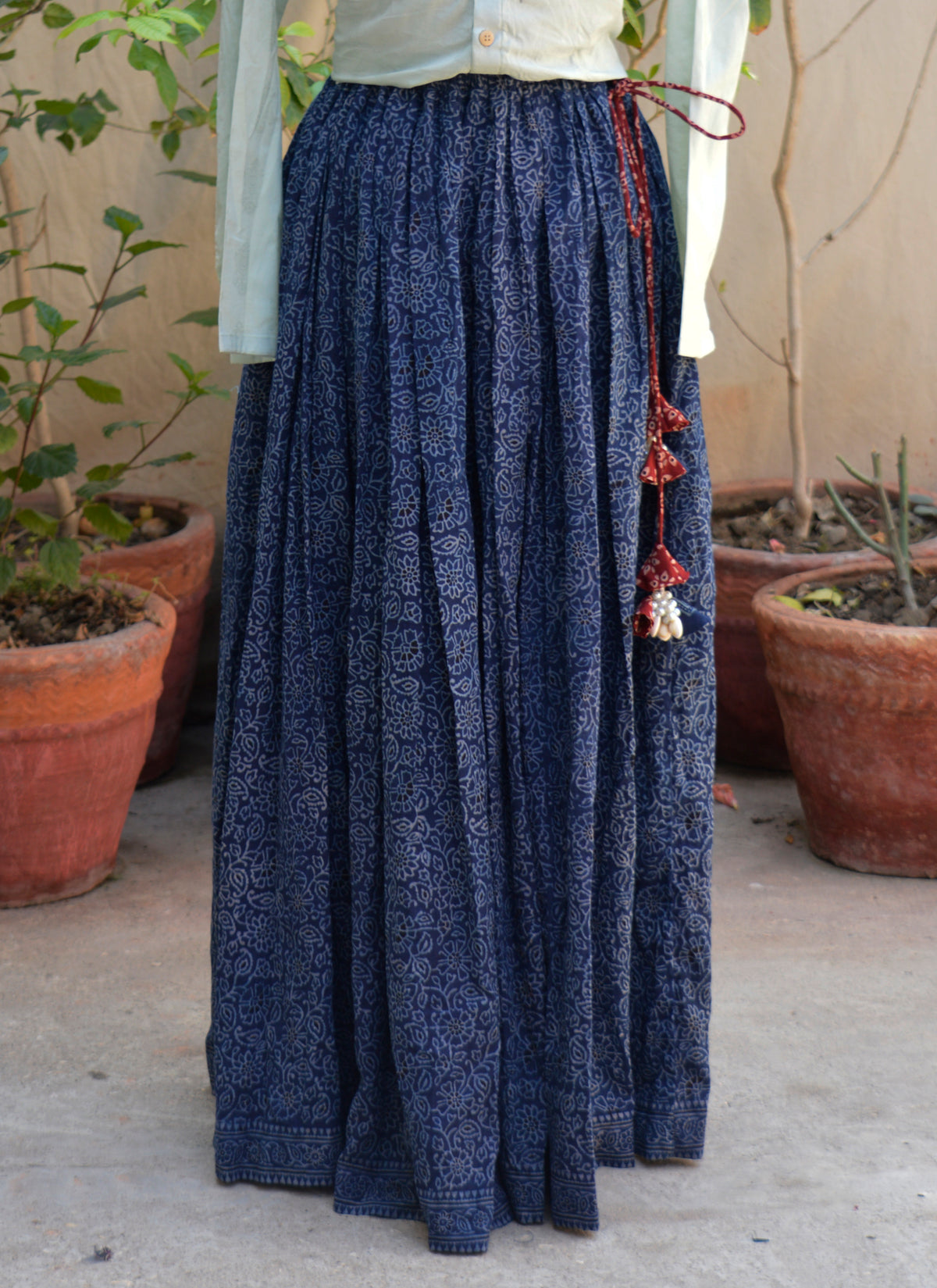 Indigo floral Ajrak block print skirt free size Pakistan