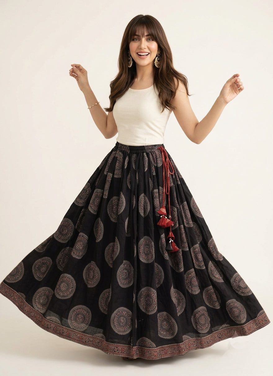 Black Chakra Motif Ajrak lawn maxi skirt with maroon filling and organic dye hand block printing