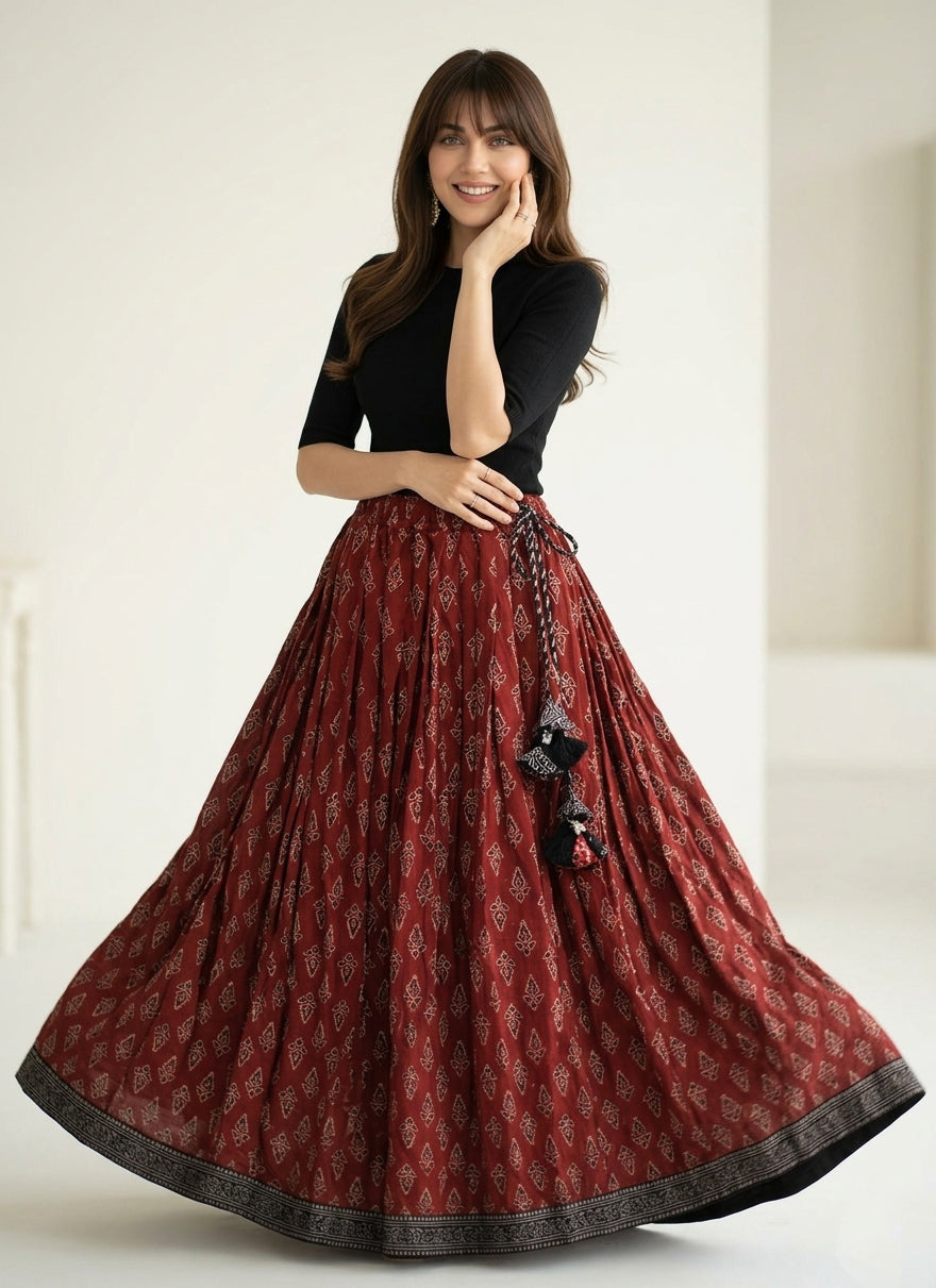 Ajrak maroon floral butta boho skirt hand block printed lawn with handmade fabric dori and tassels