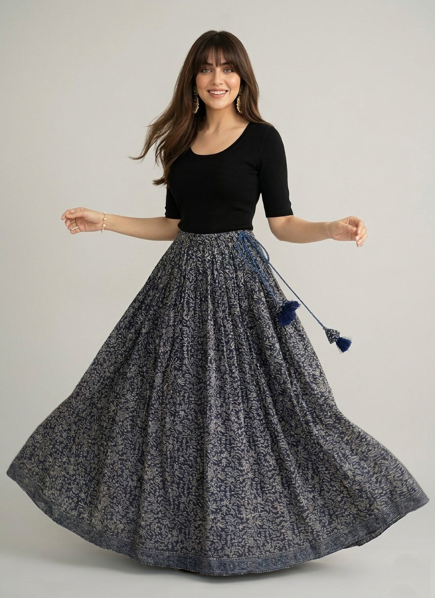 Ajrak Design Dress grey floral maxi skirt lawn with blue thread tassel dori