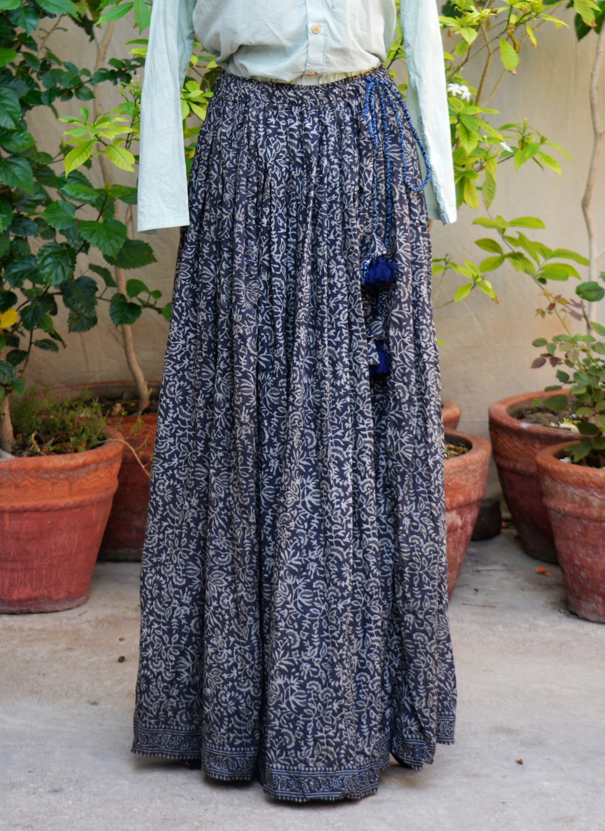 Hand block printed Ajrak grey floral boho maxi skirt Pakistan