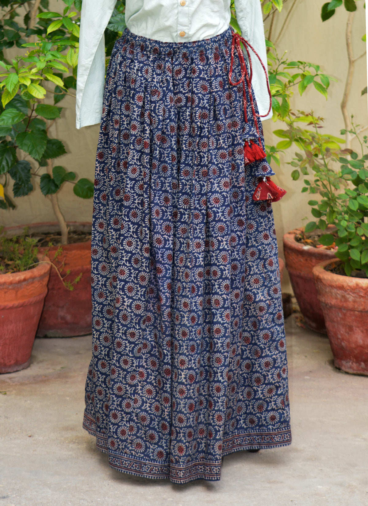 Premium Ajrak lawn skirt indigo maroon floral design adjustable waist boho skirt