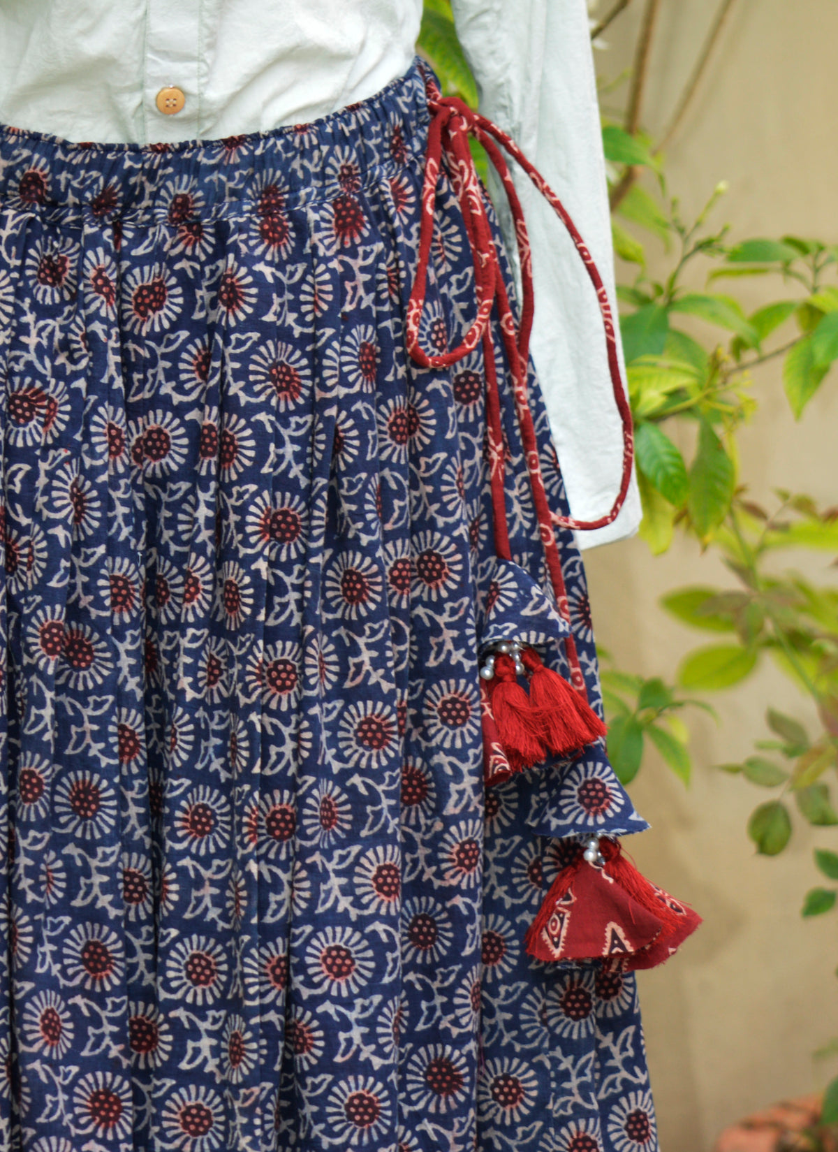 Indigo maroon Ajrak maxi skirt with tassel dori waist and 5 meter flare