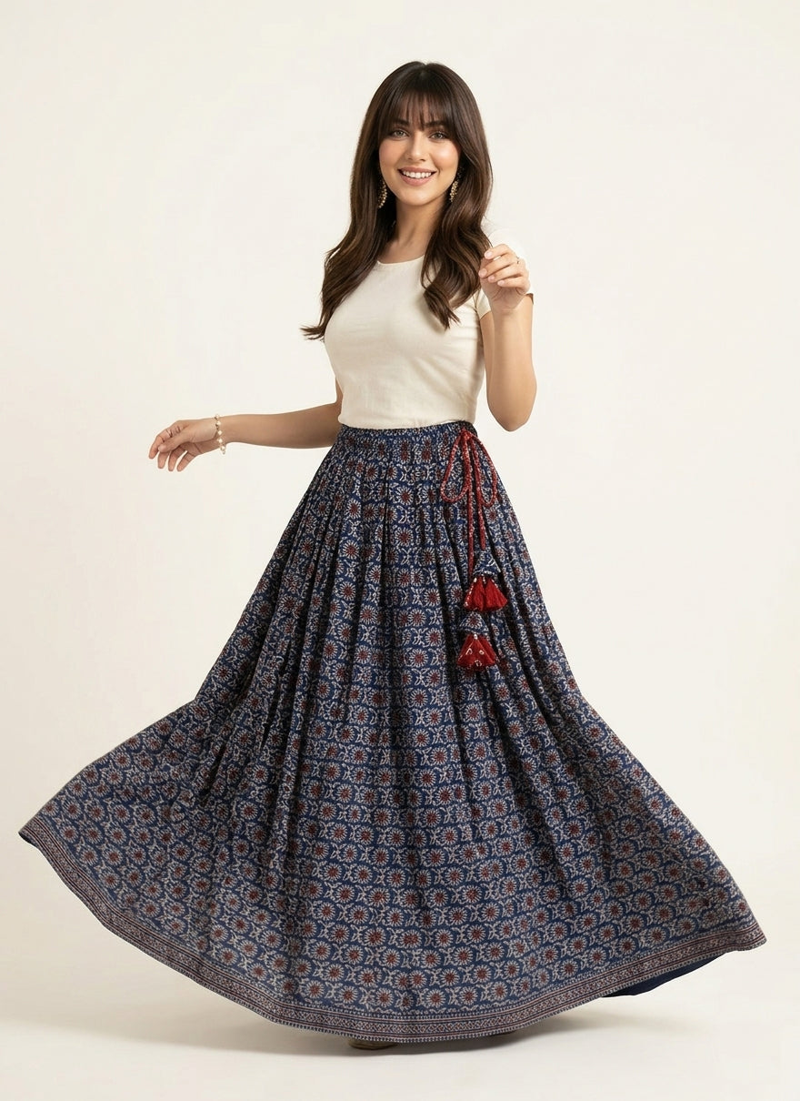 Ajrak Indigo Maroon Floral Boho Skirt hand block printed lawn Ajrak Design Dress