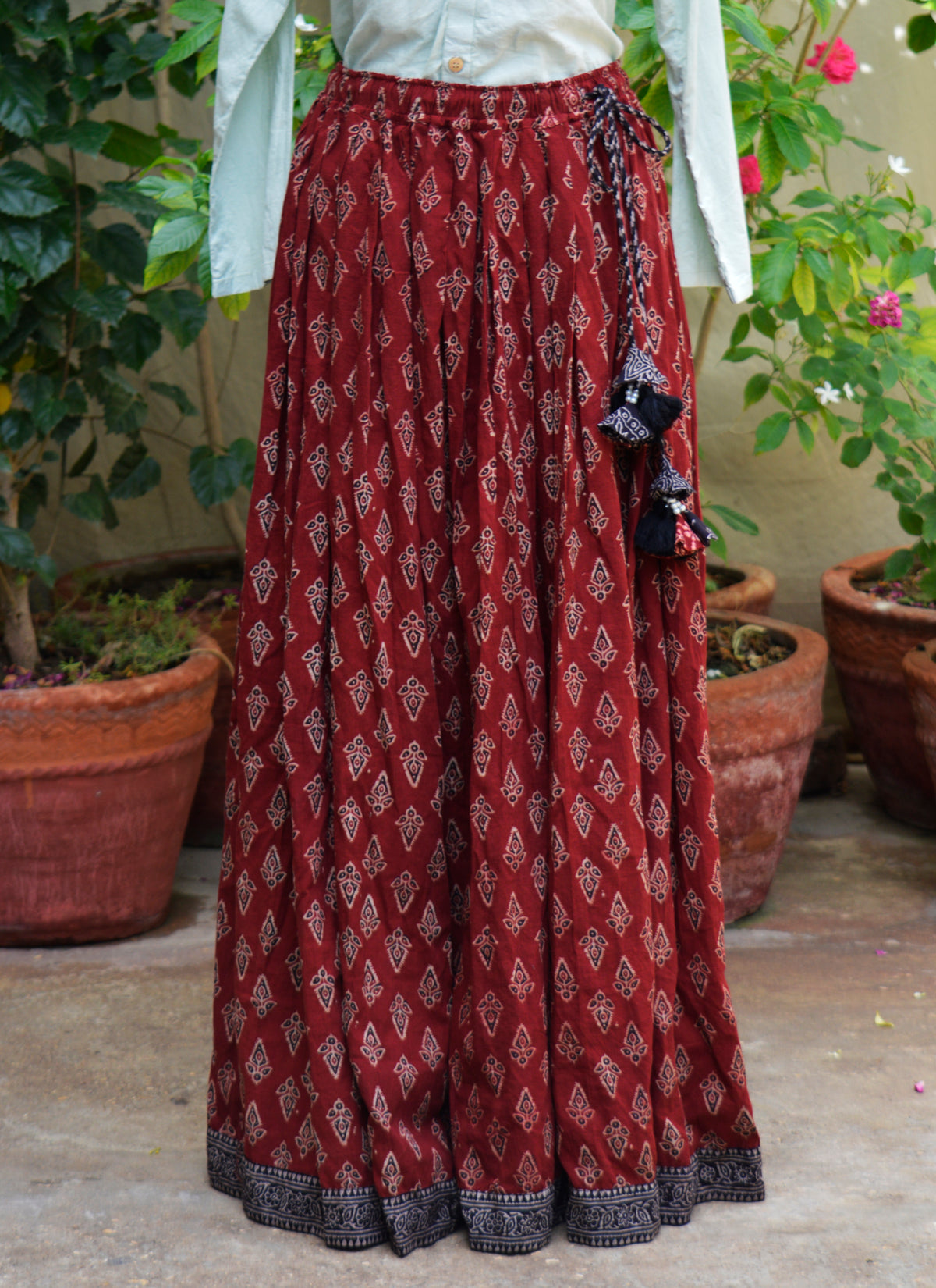 Maroon floral butta Ajrak maxi skirt with adjustable waist and 5 meter flare