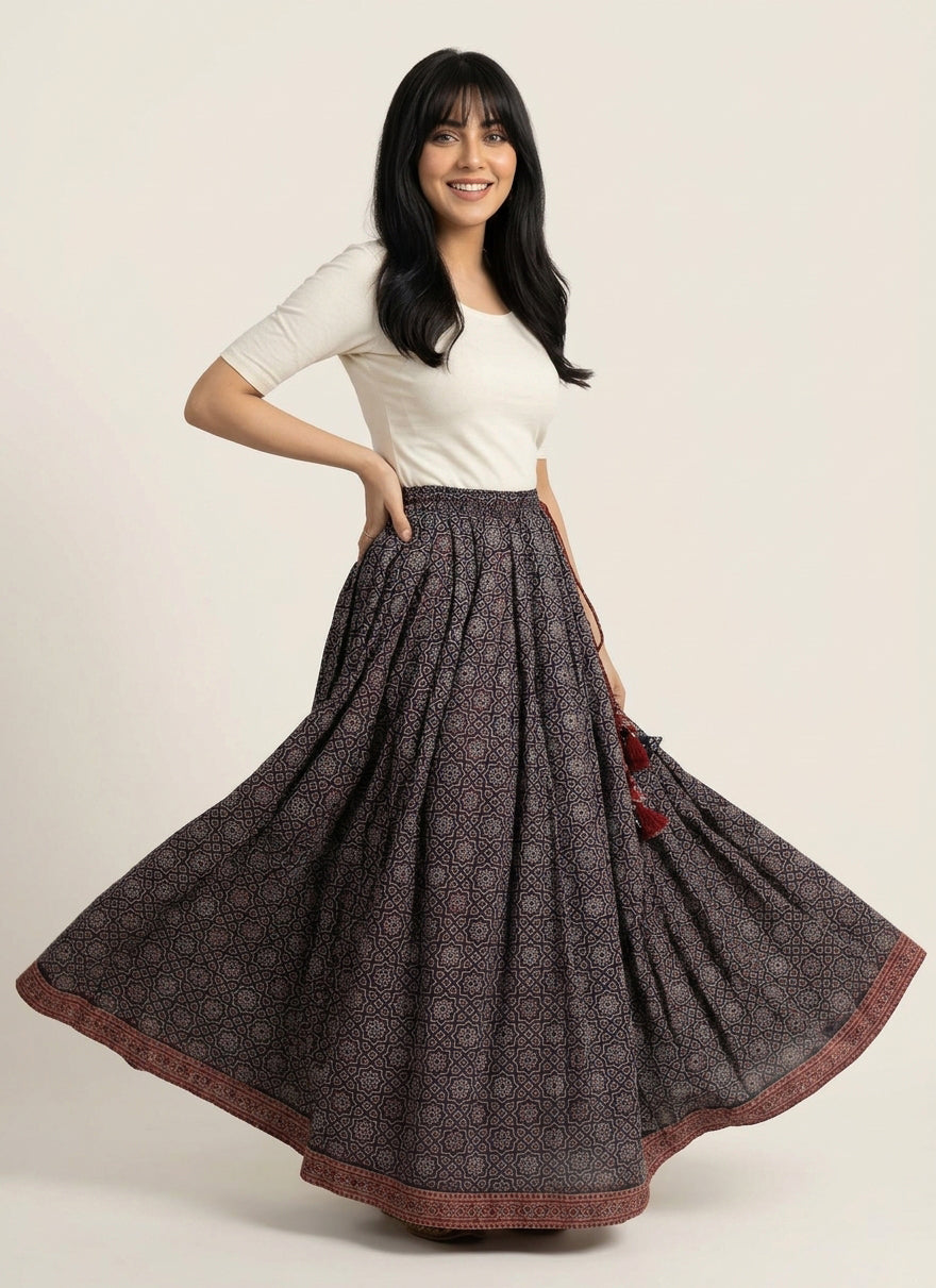Ajrak Skirt Moroccan Motifs in Hand Block Printed Lawn fabric
