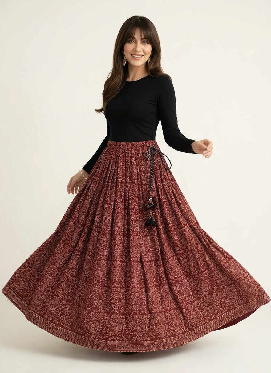 Ajrak Paisley Boho Lawn Skirt – Flared Maxi with Thread Tassel Dori | Ajrak Design Dress